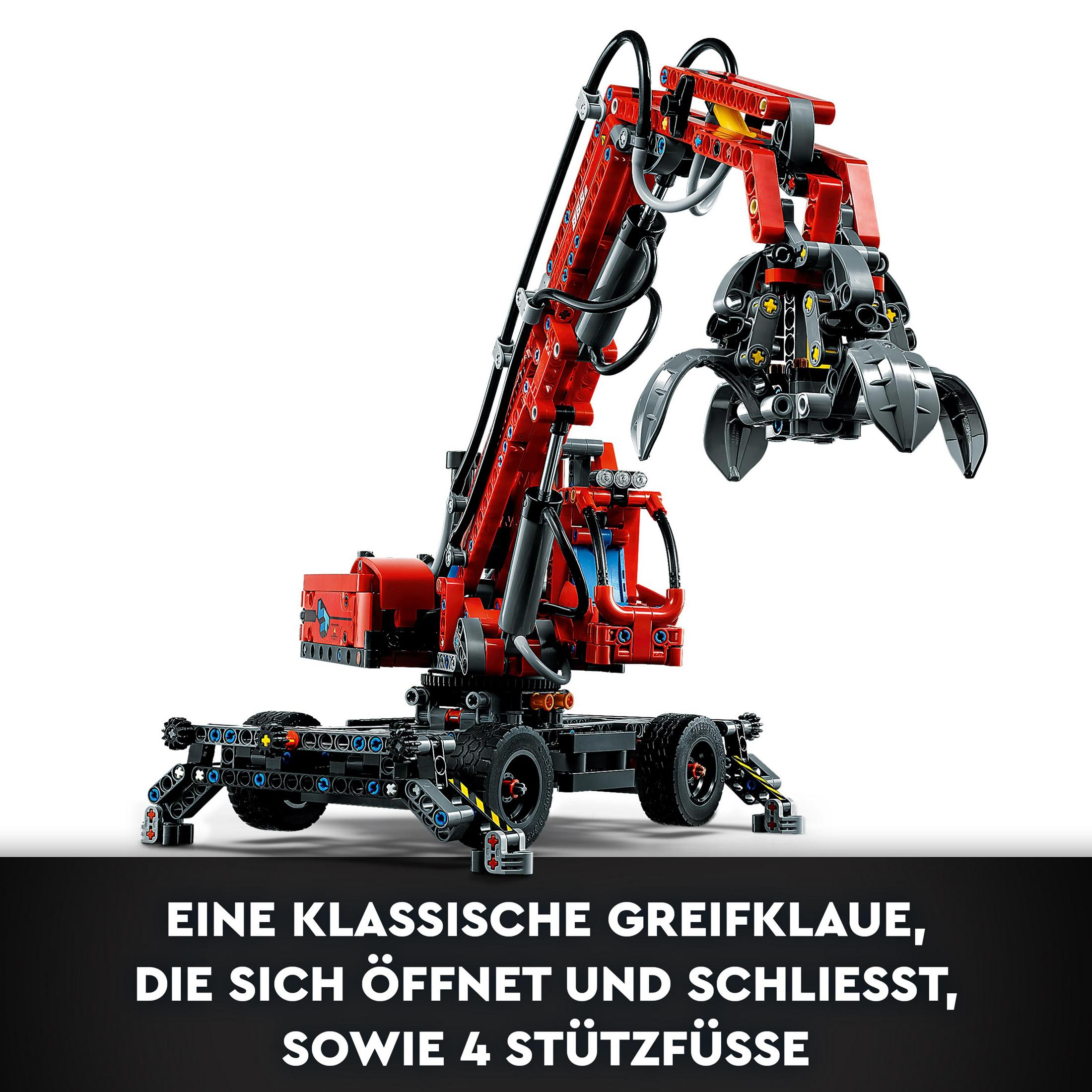 Roter LEGO Technic Kran, mit Greifer und Stützen. Text: 'EINE KLASSISCHE... STÜTZFÜSSE'.