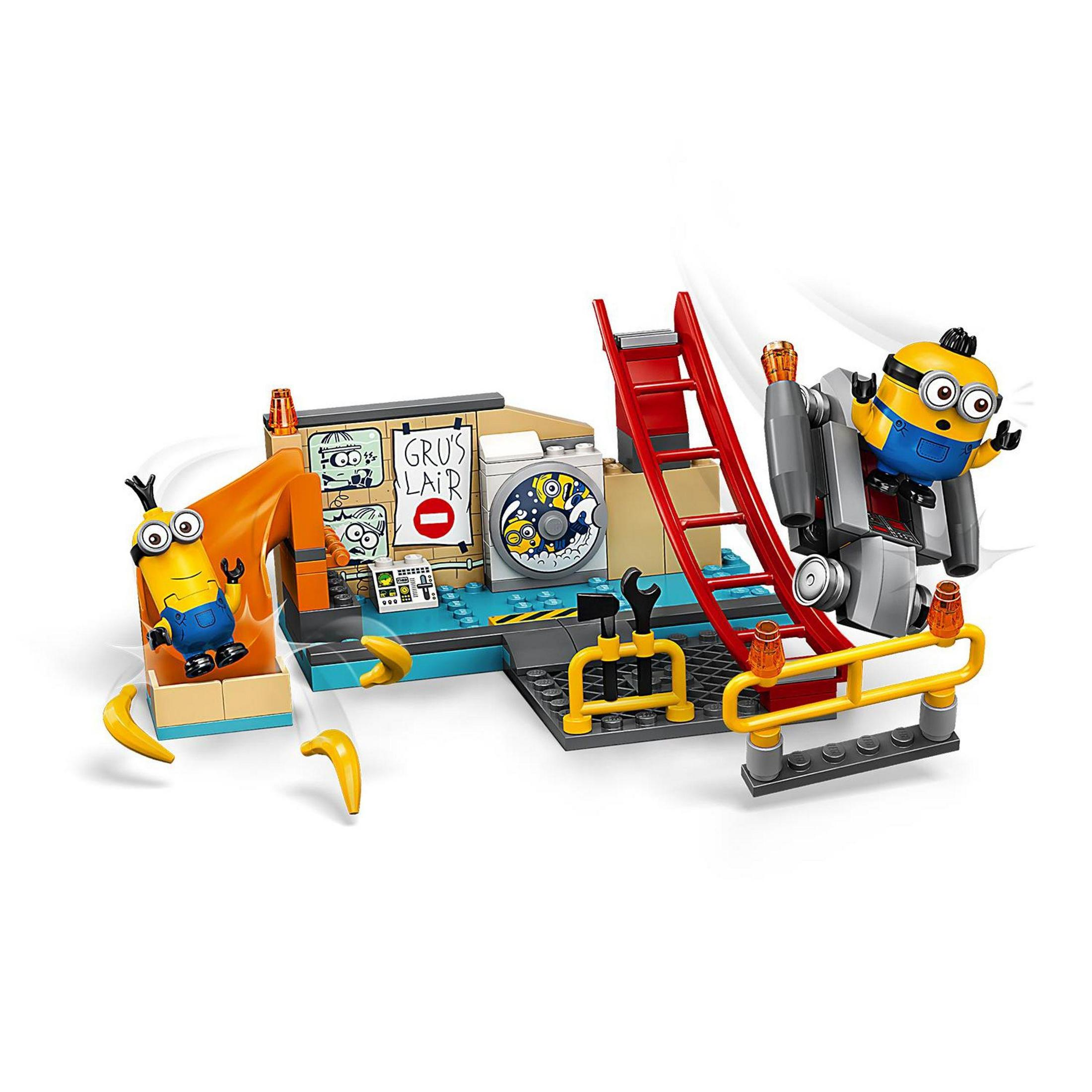 Lego Minions Set. Minions, Leiter und Tresor. Grus Labor im Hintergrund.