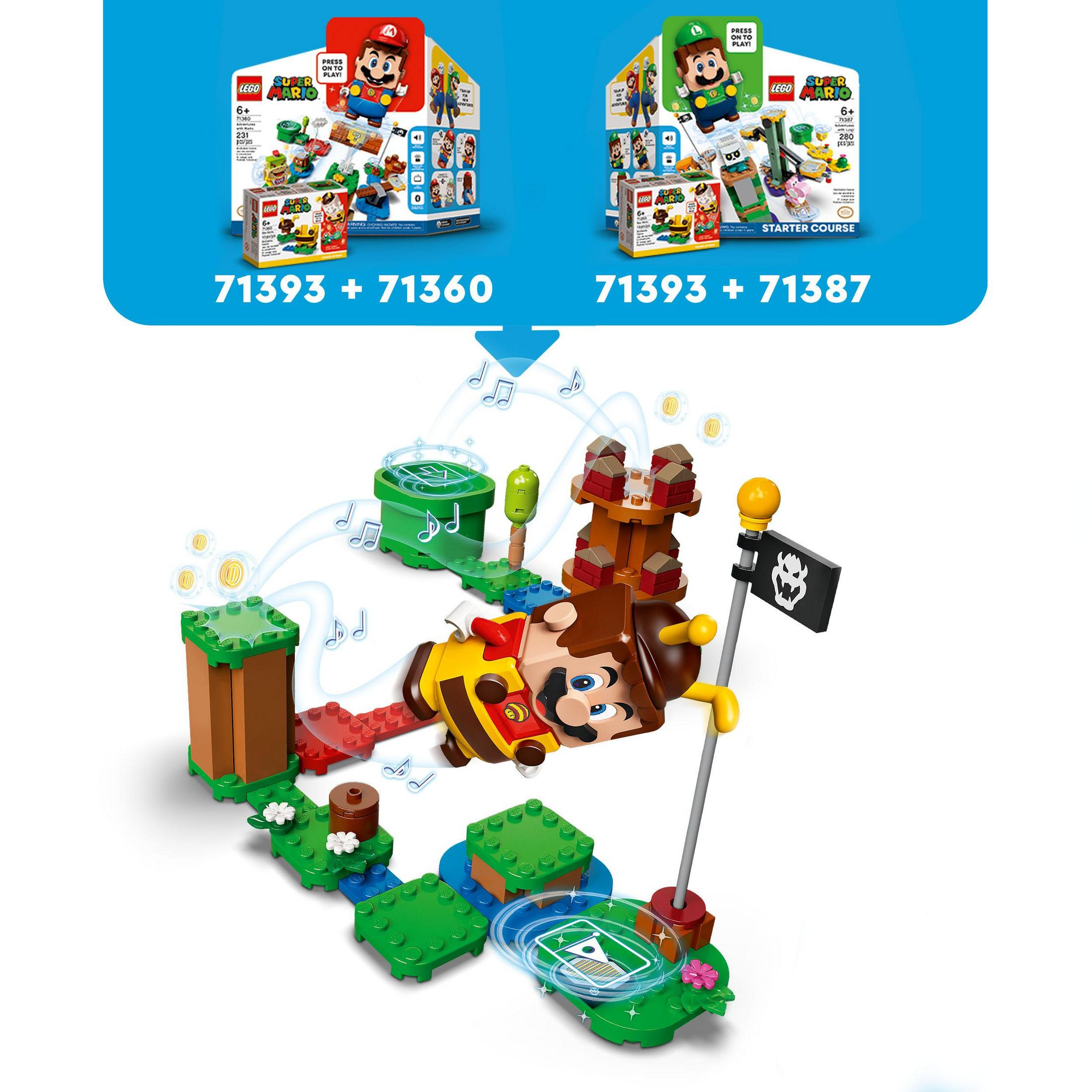 Set Lego Super Mario con personaggio di Mario e vari componenti di livello, con due scatole sopra.