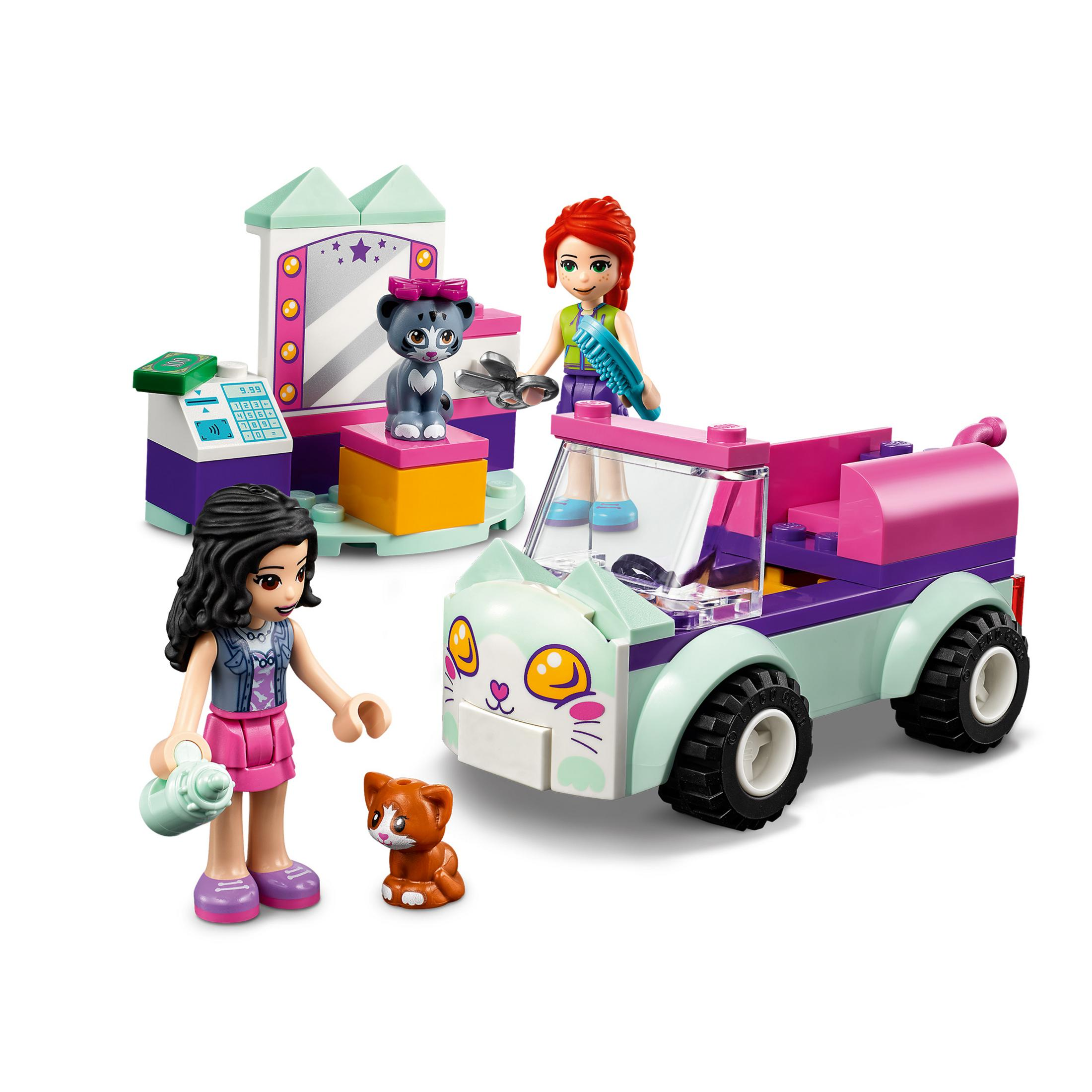 Lego Friends Set mit Figuren, Katzenpflege-Aufbau und katzenförmigem Auto.