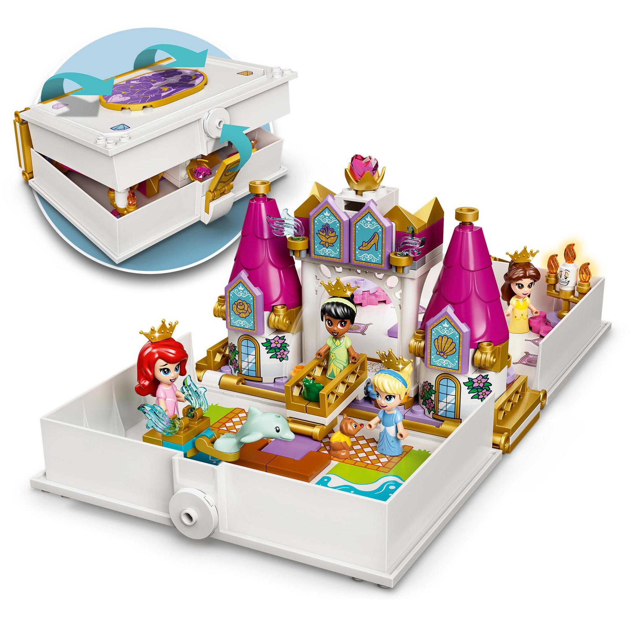 Un set de juego de libro de Lego Princesas. Varias figuras de princesas dentro de un libro blanco.