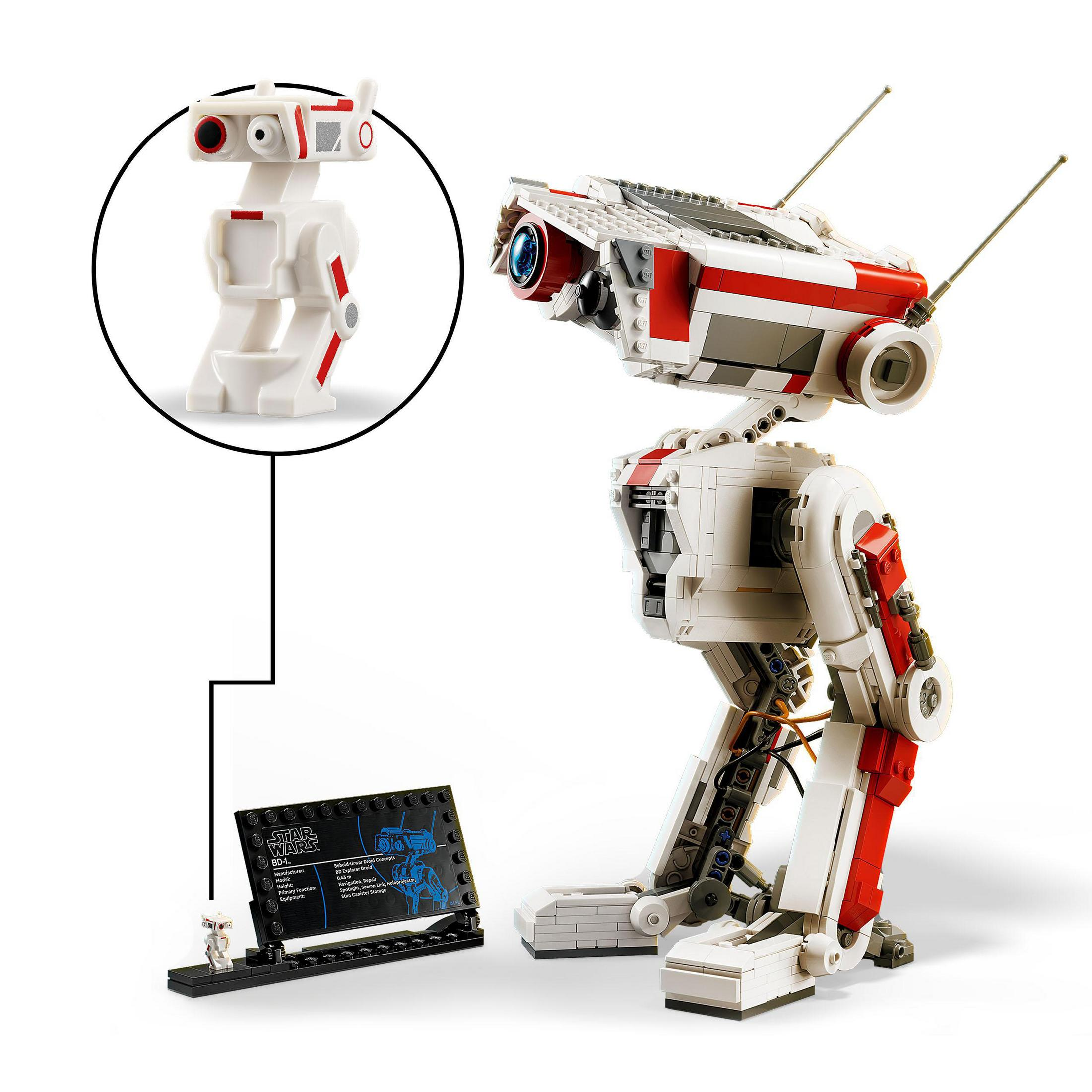 Lego Star Wars modeli: beyaz ve kırmızı bir droid. Daha küçük bir versiyonu bir şemanın yanında duruyor.