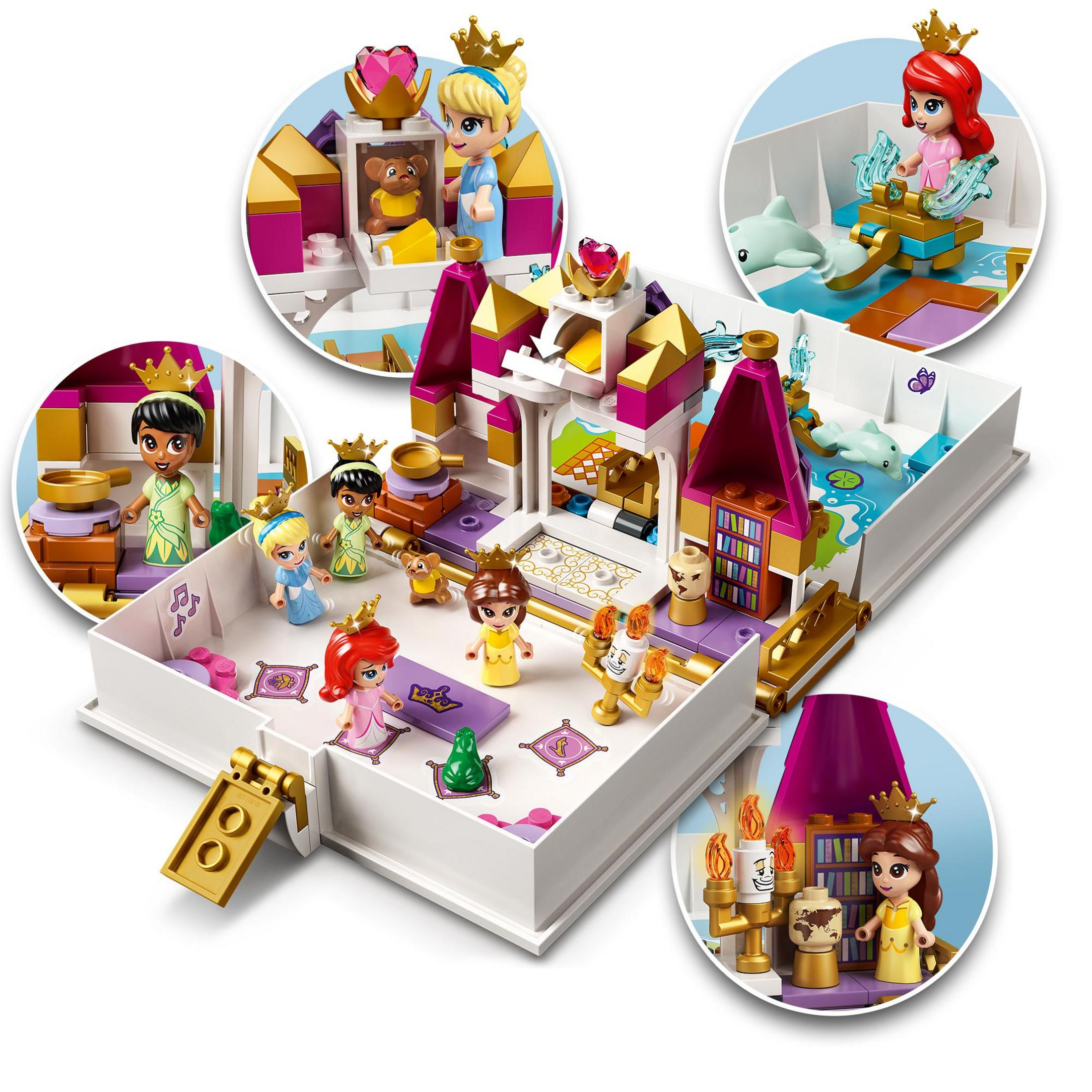 Set de Lego de un libro de cuentos de princesas con figuras de personajes de Disney, en un libro blanco.