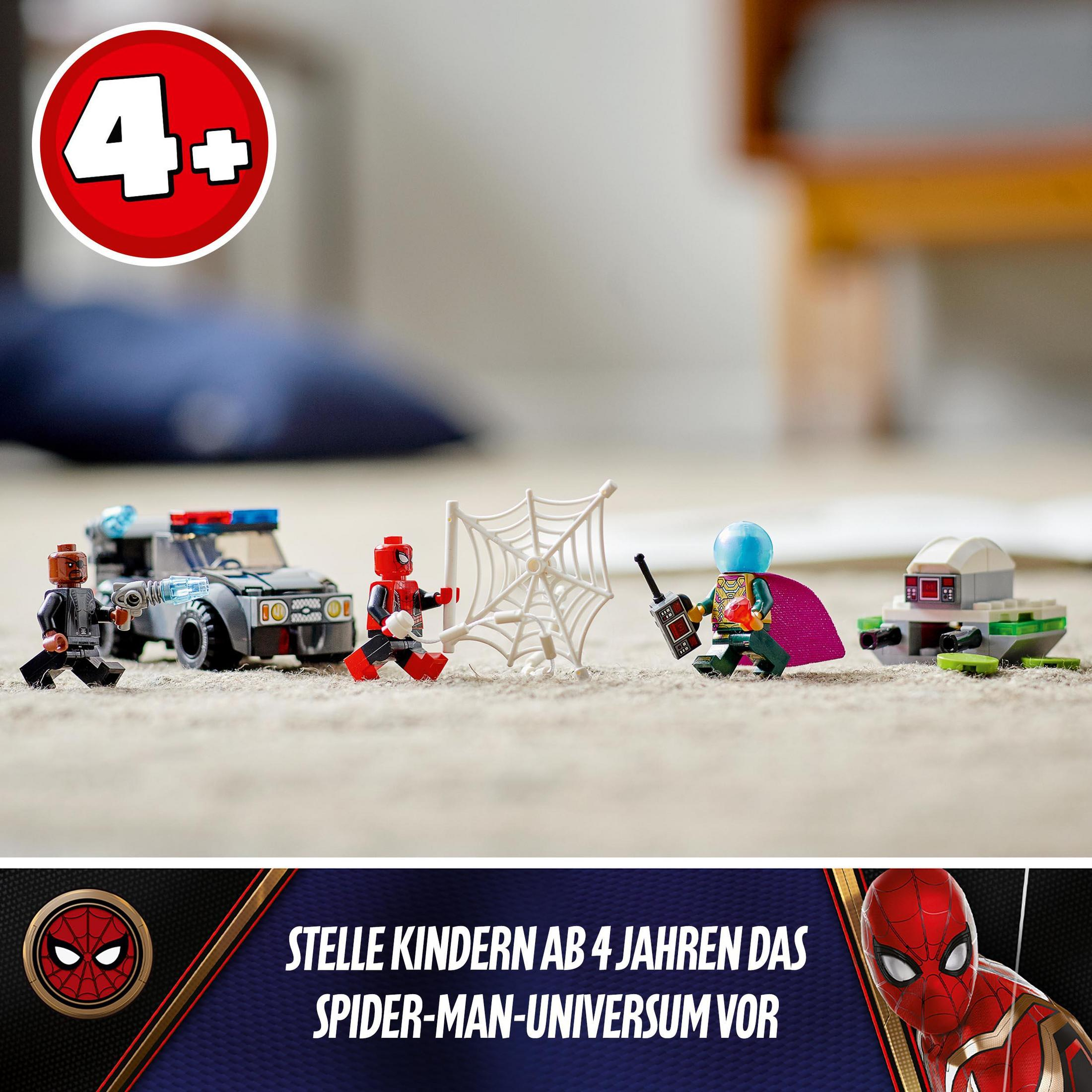 LEGO Spider-Man Set mit Minifiguren, Auto und Netz. Ein rot-weißer Kreis mit einem 4+ Zeichen.