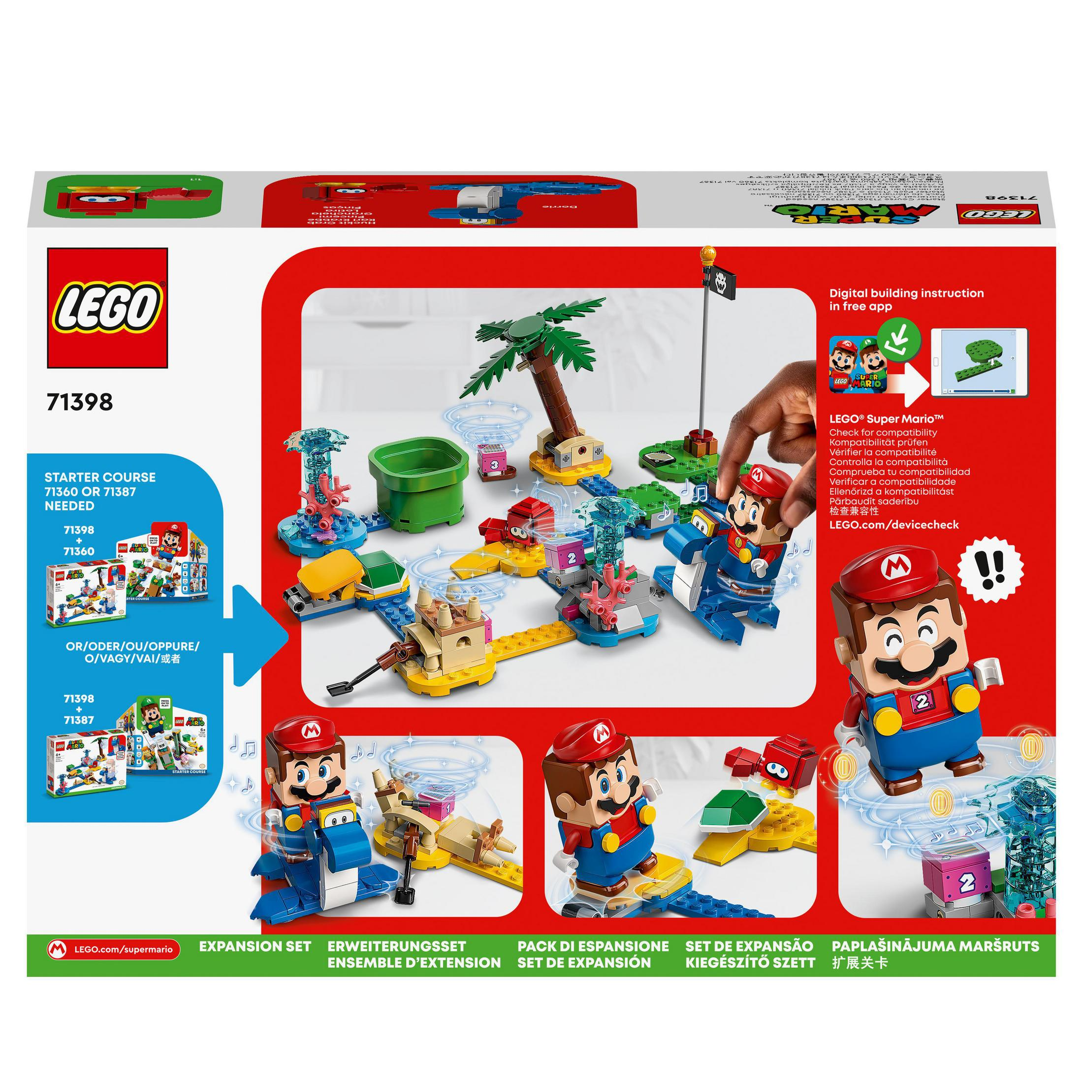 Rückseite einer Lego Super Mario Set-Box. Mehrere farbige Bilder des Spiels werden gezeigt.