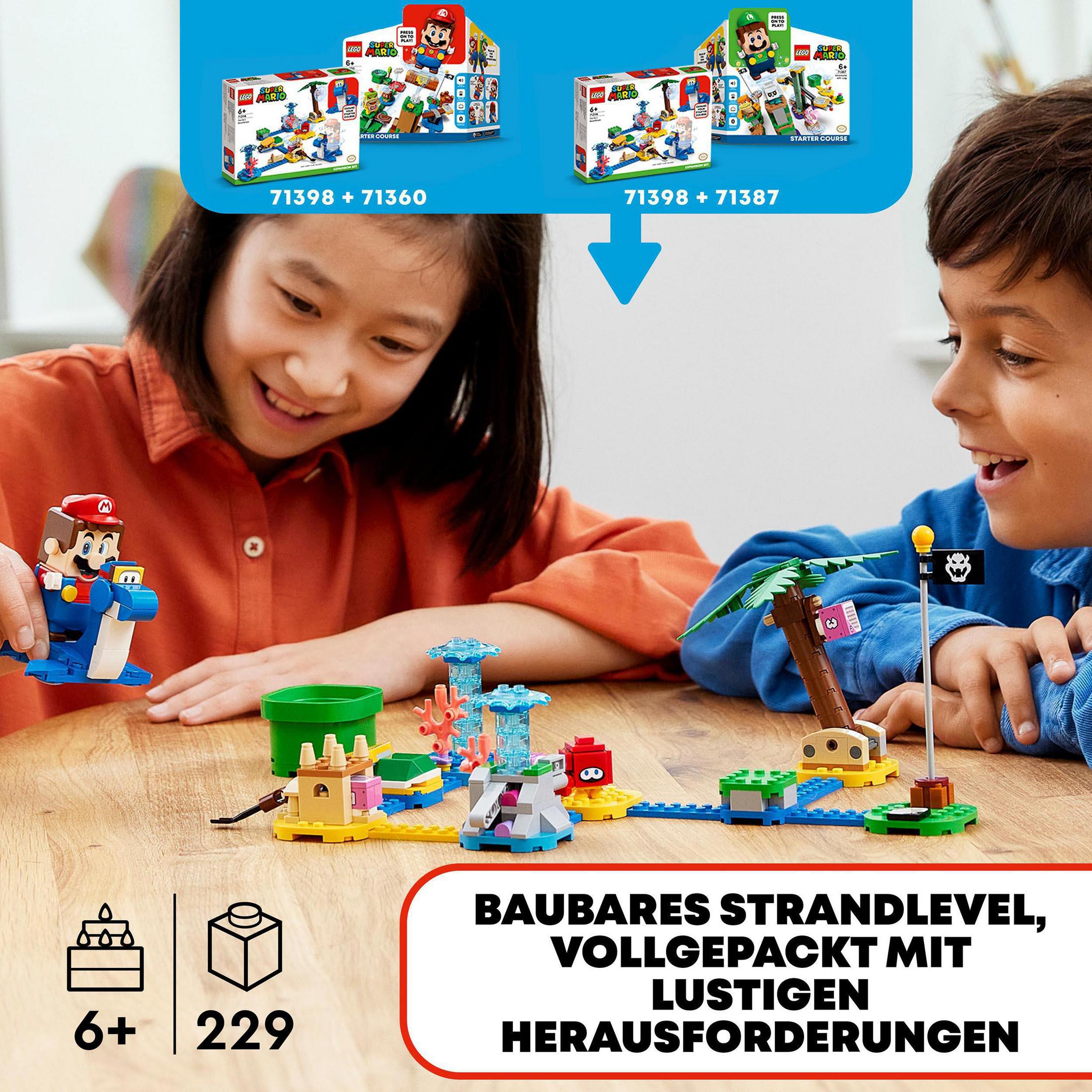 Zwei Kinder bauen LEGO. LEGO-Kartons im Hintergrund, mit Text.