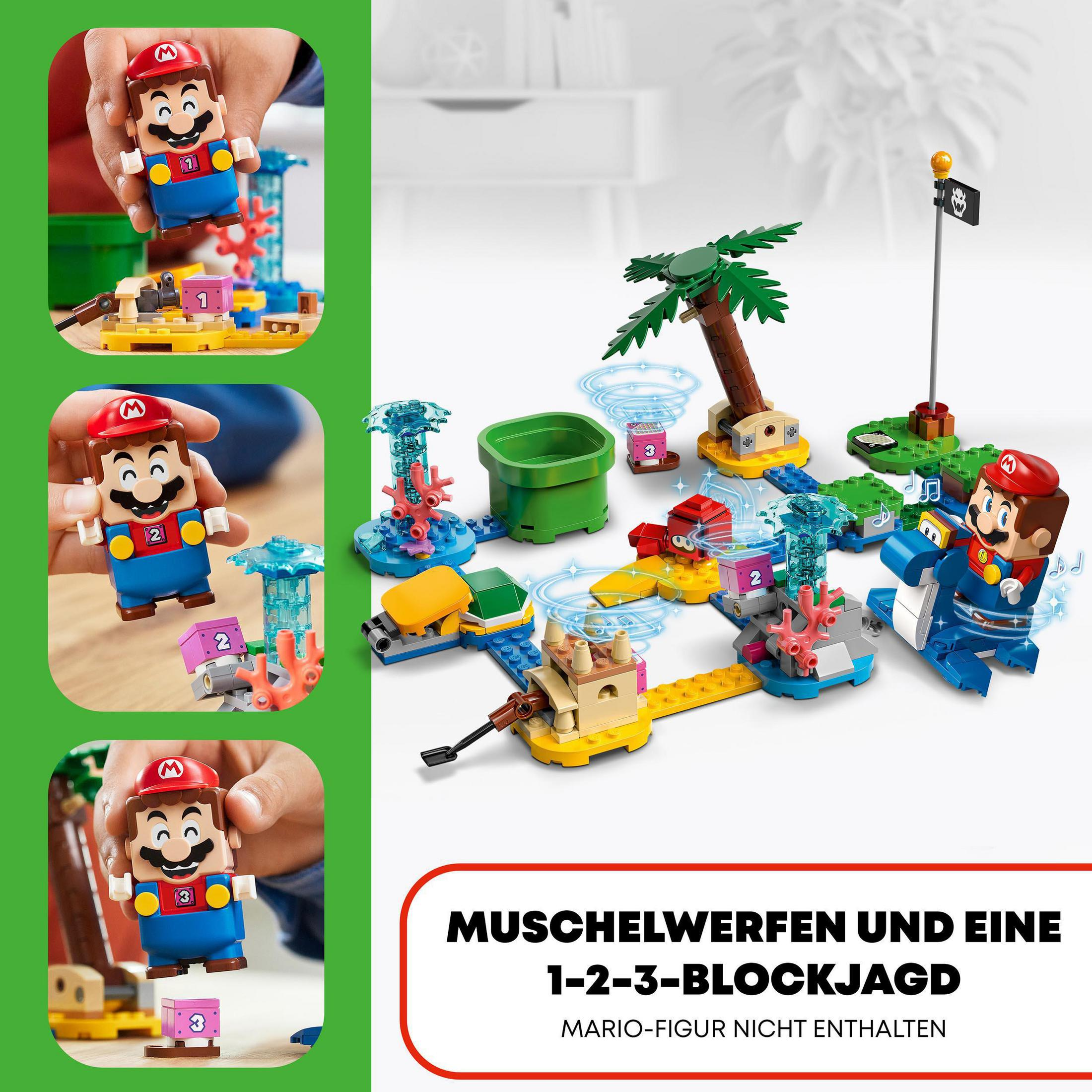 Lego-Set mit Mario-Charakteren und verschiedenen Lego-Strukturen, mit einem deutschen Titel.