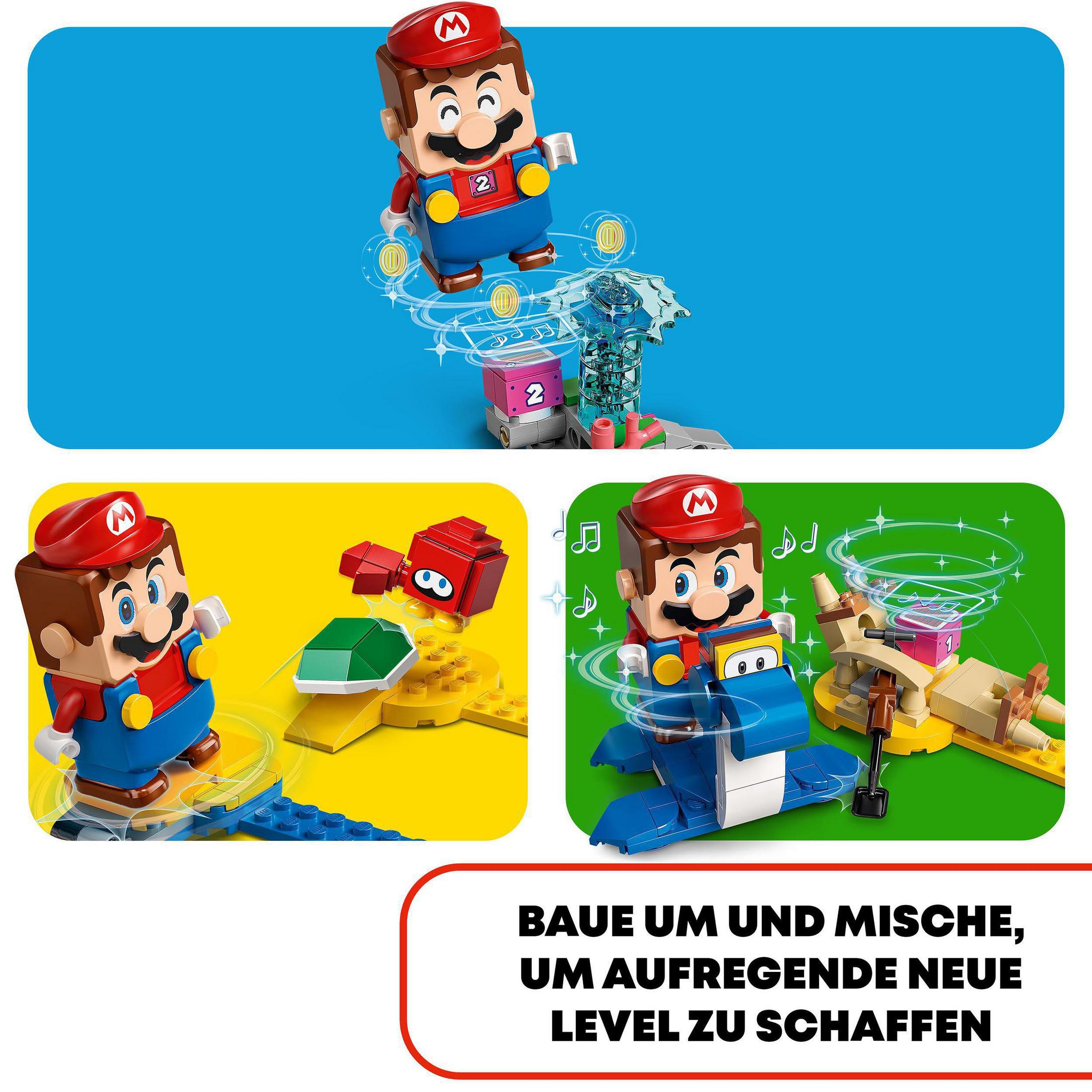 LEGO Mario-Set mit drei Szenen: Mario auf einer Wippe, mit einer roten Schildkröte und auf einem blauen Flugzeug.