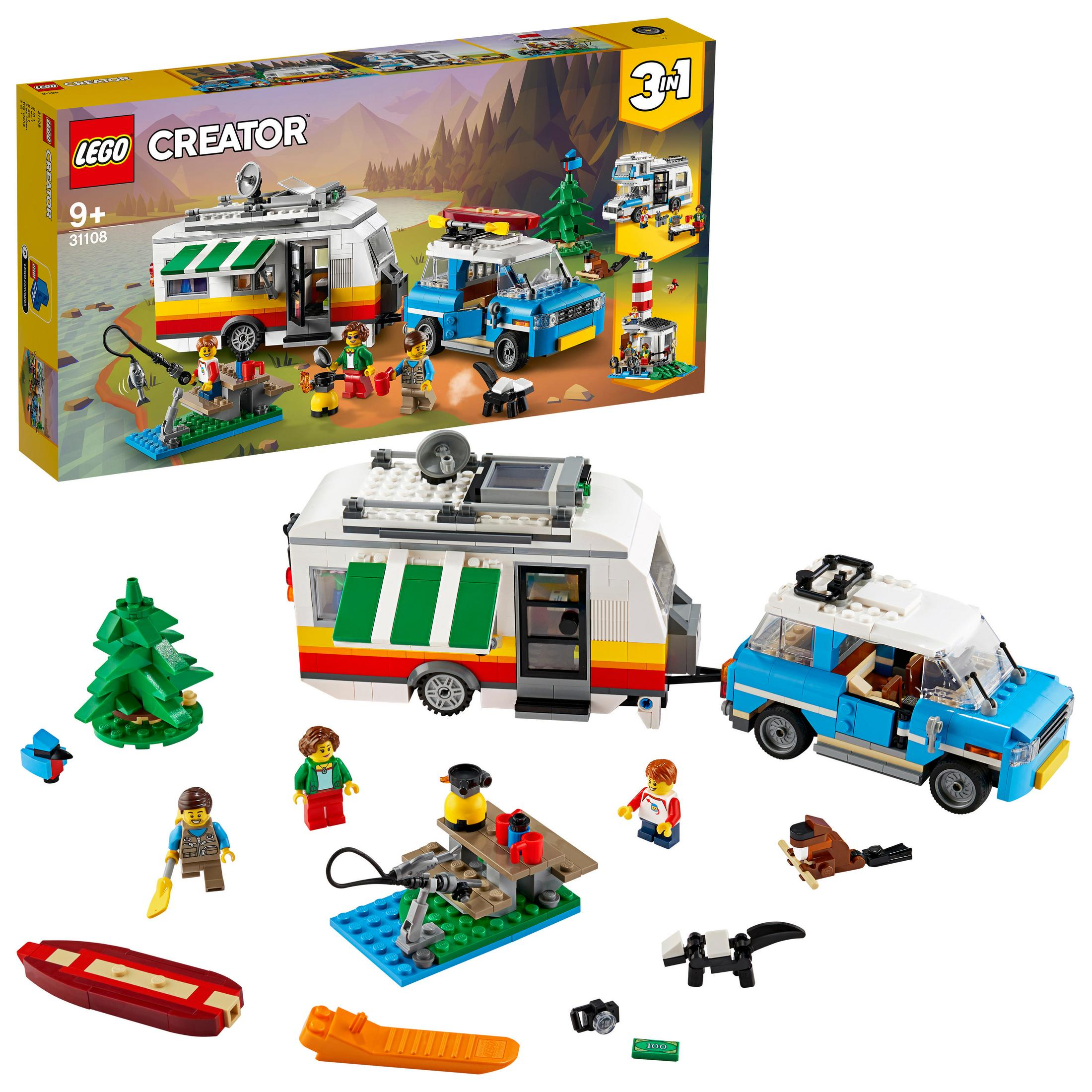 Ein Lego Creator-Set mit Wohnmobil, Auto und anderem Zubehör. Das Set ist im Hintergrund.