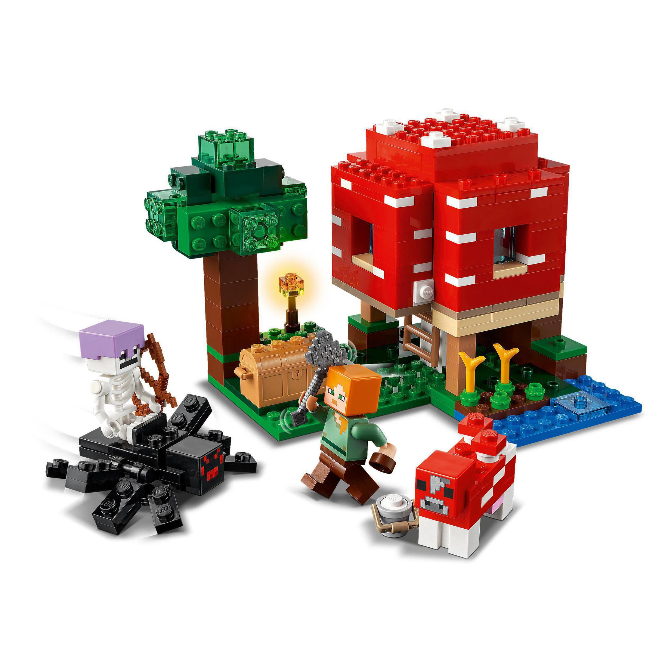 Alex, bir iskelet, bir creeper, bir domuz ve kırmızı bir mantar evi içeren Lego Minecraft seti.