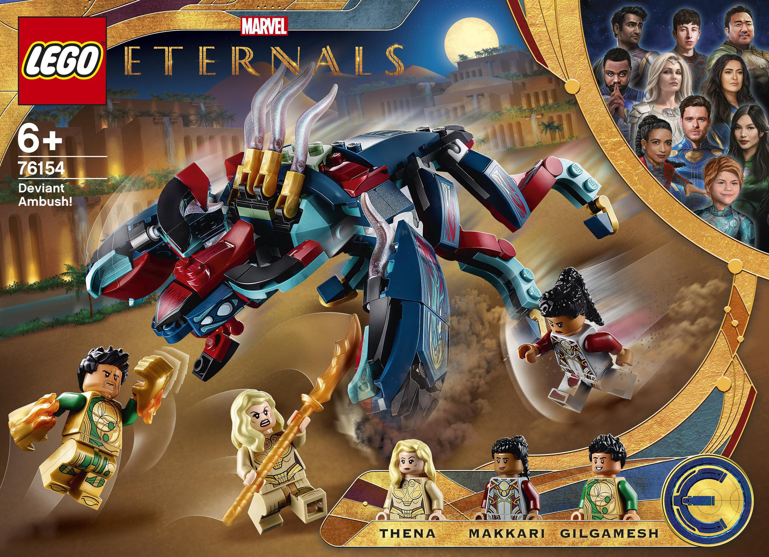 Lego Set Box mit Figuren und einer großen insektenartigen Struktur. Weißer Hintergrund.