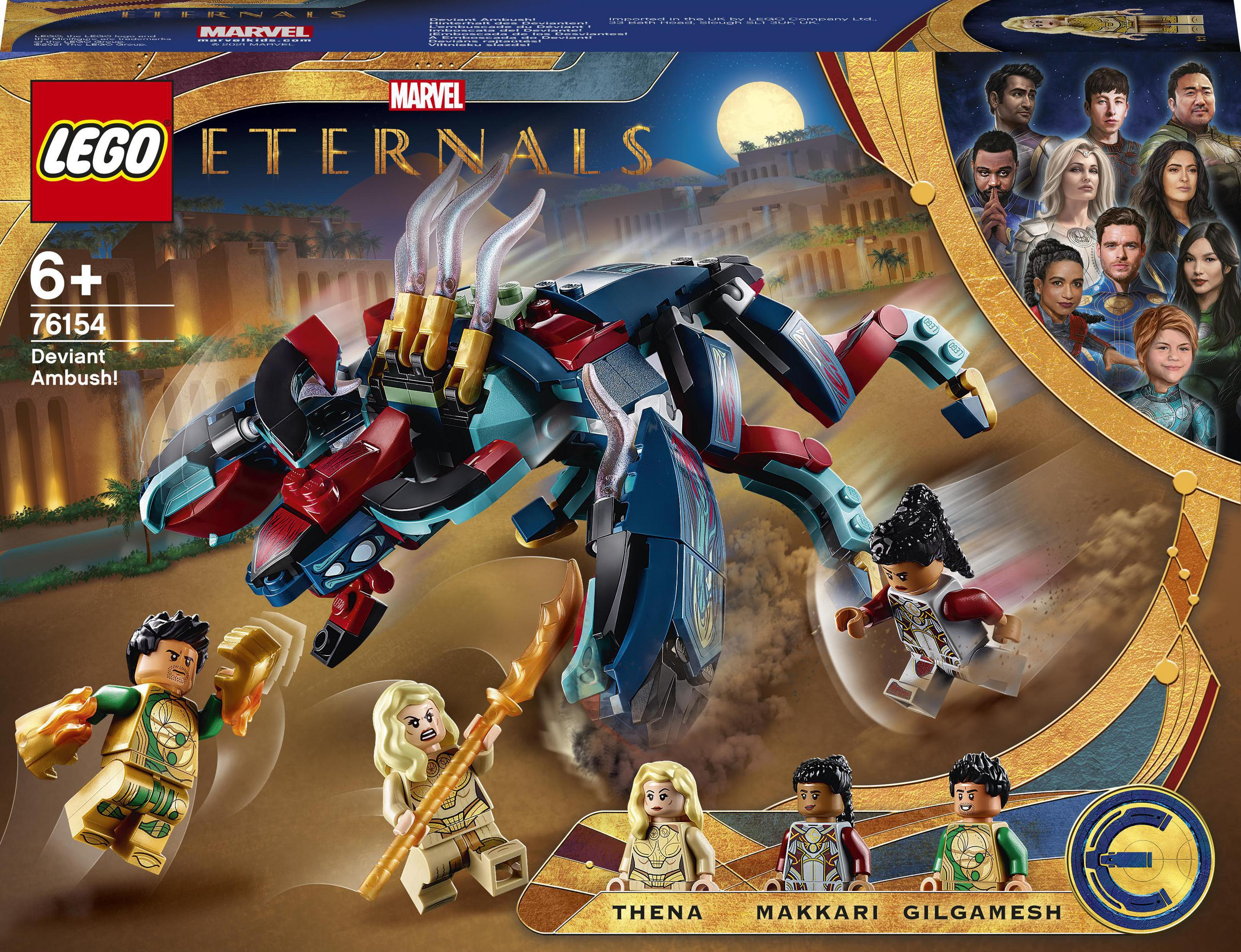 Lego-Set-Box, Marvel Eternals, mit Charakteren und einer großen Kreatur.