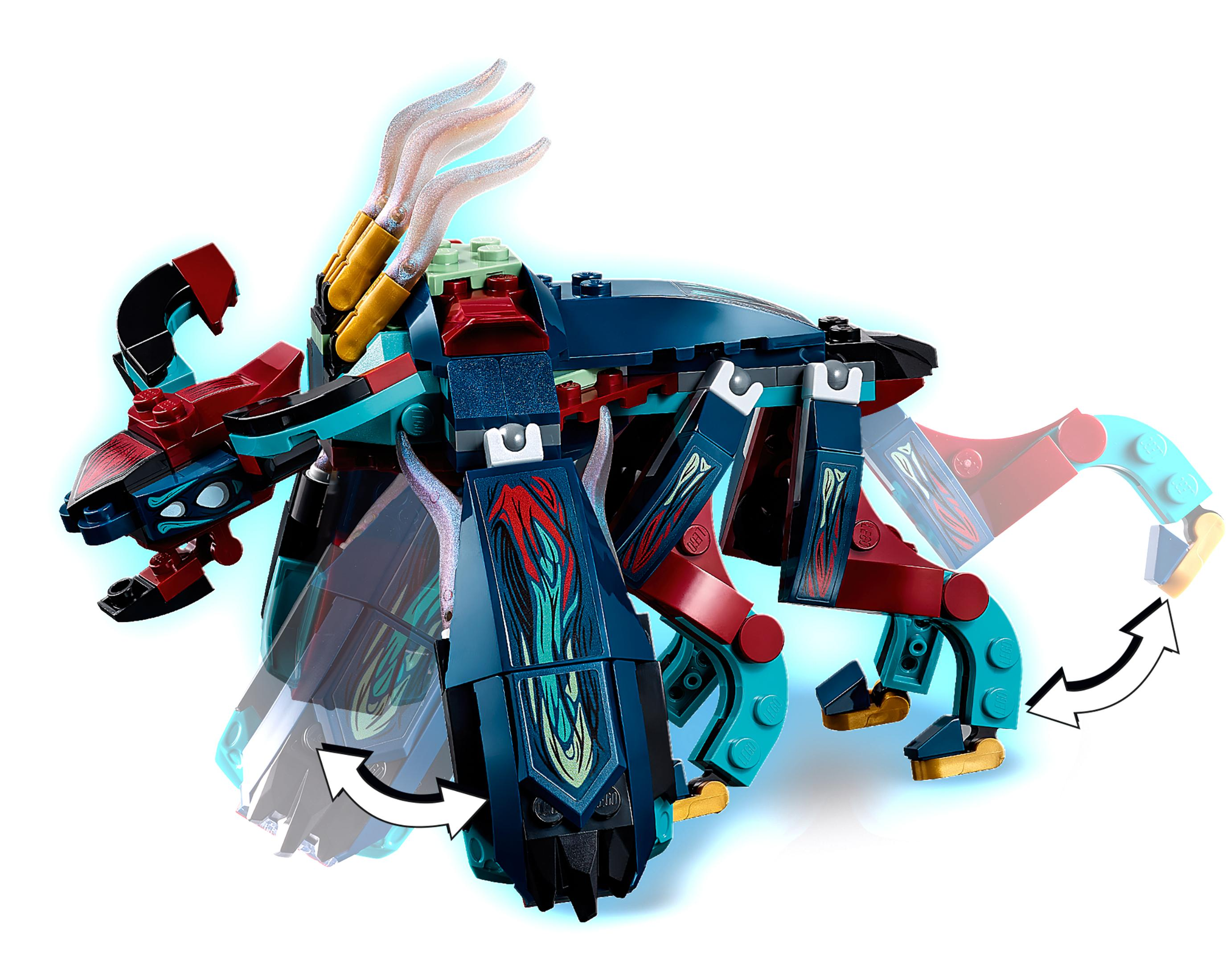 Lego-Monster mit rotierenden Gliedmaßen im Studio. Farben sind Blau, Rot und Weiß.
