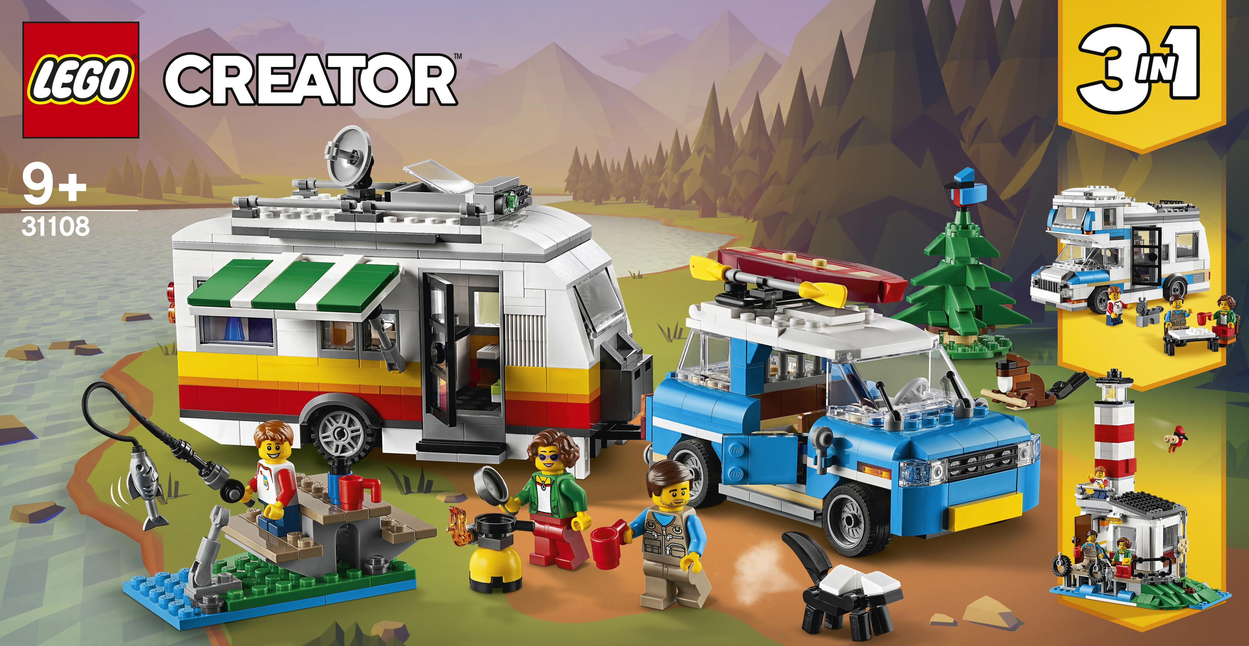 Lego Creator-Set mit Wohnmobil und Auto. Display mit Figuren und Landschaft.