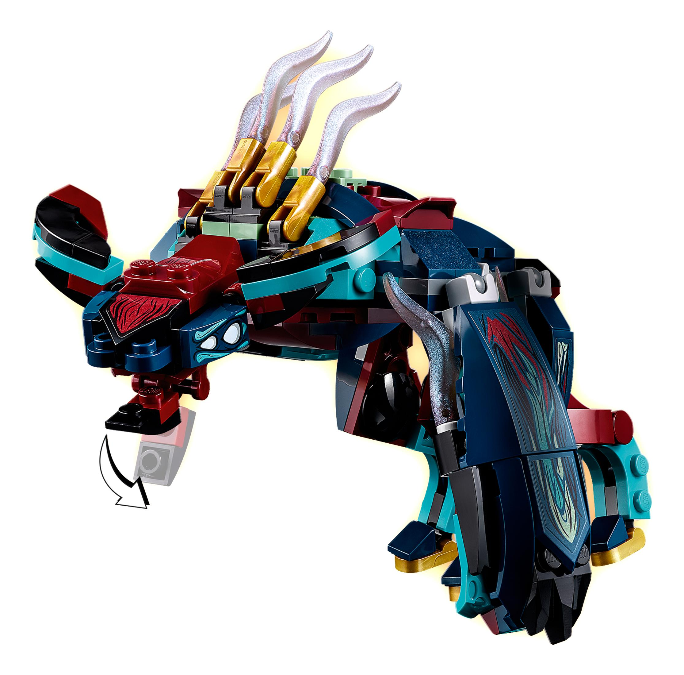 Bunte Lego-Drachenfigur mit beweglichen Flügeln.