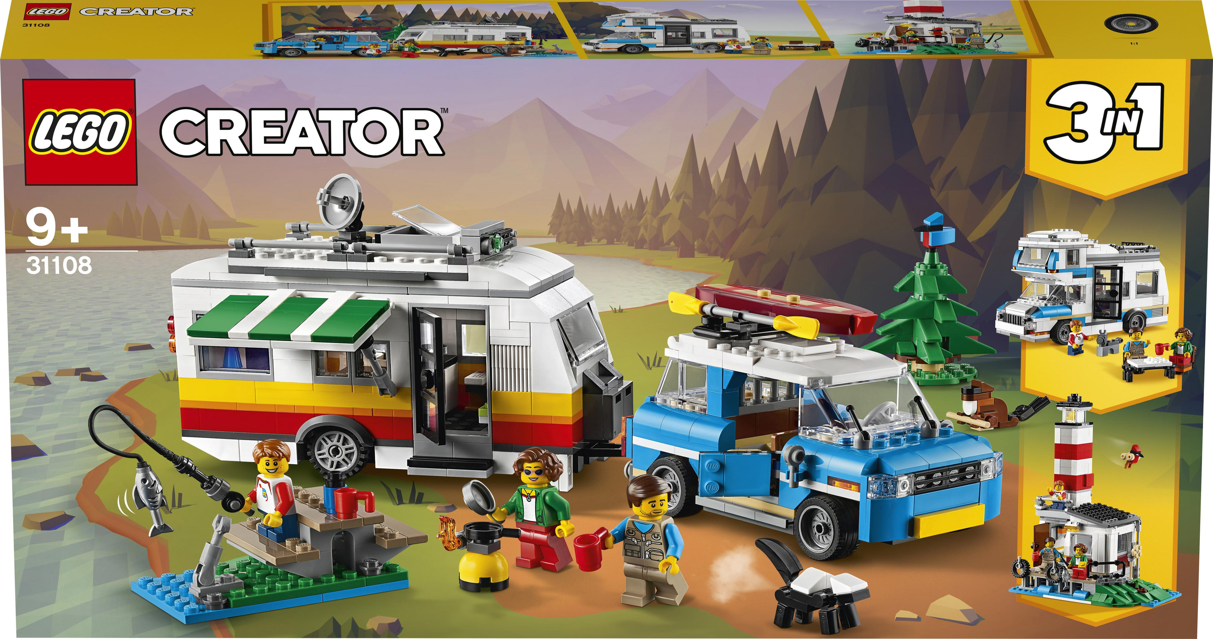 Lego Creator Box-Set mit einer Wohnwagen-Szene und anderen Modellen auf weißer Oberfläche.