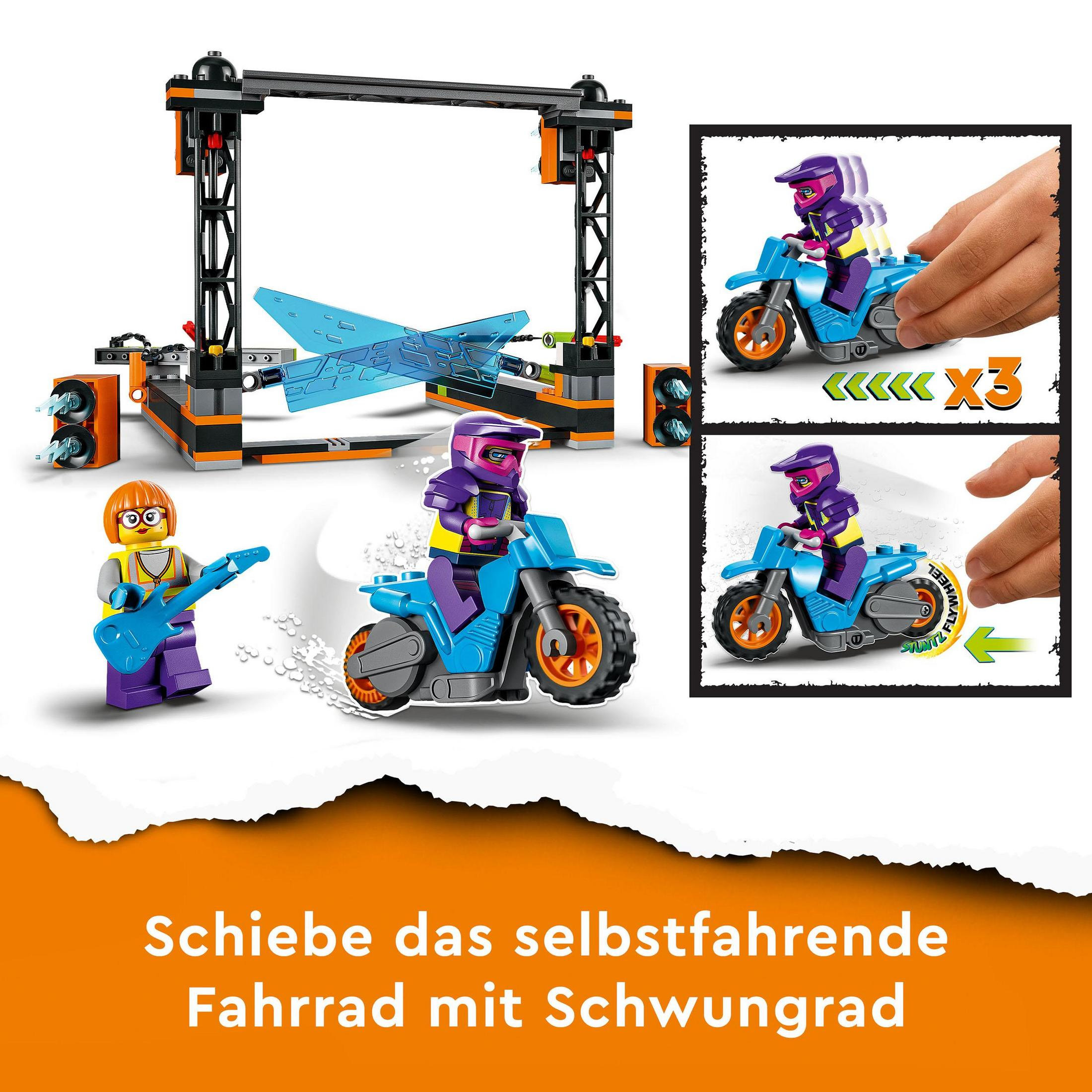 Lego-Set mit einem blauen Motorrad und einer Lego-Figur.