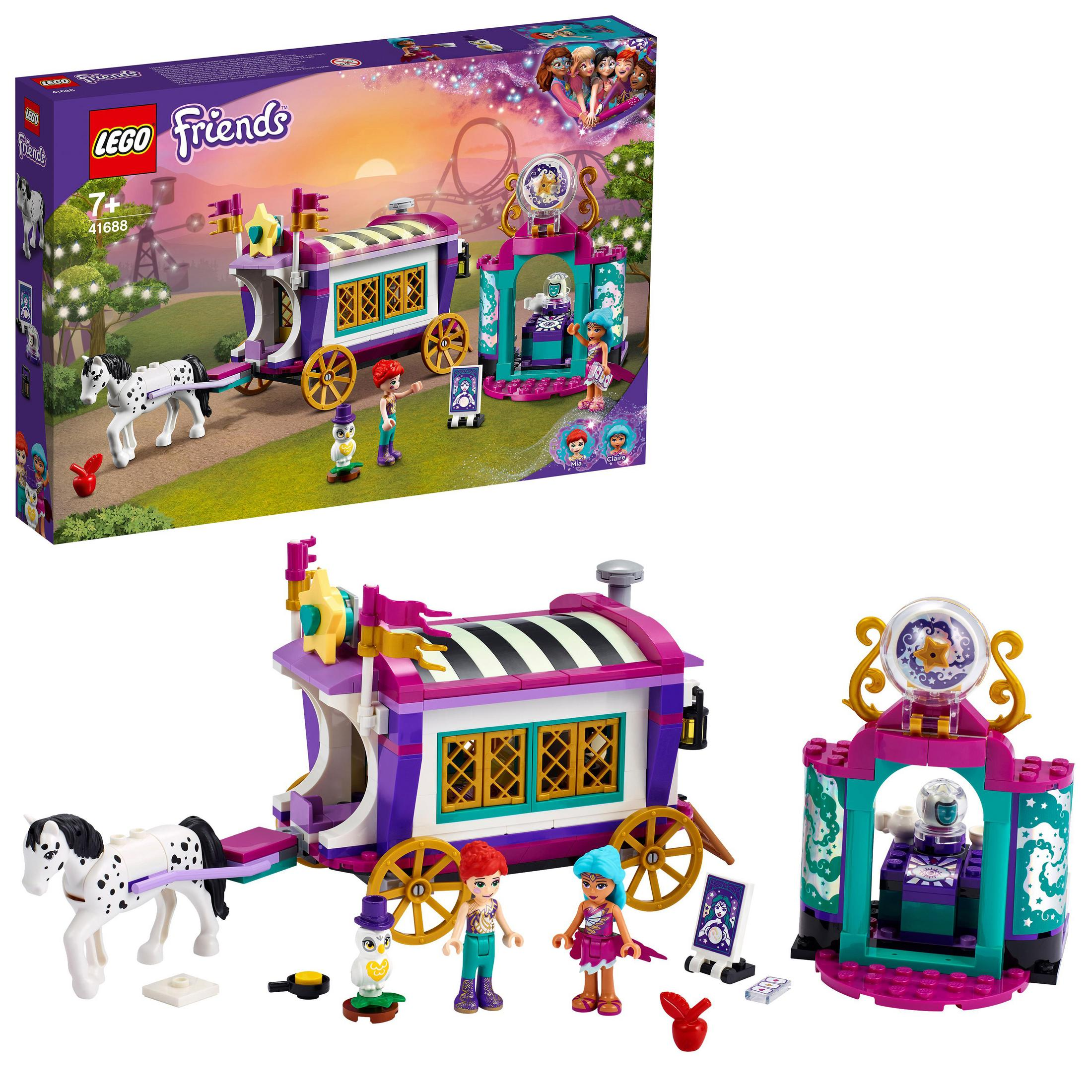 Zestaw Lego Friends: fioletowo-biała karawana, koń, minifigurki i scena.