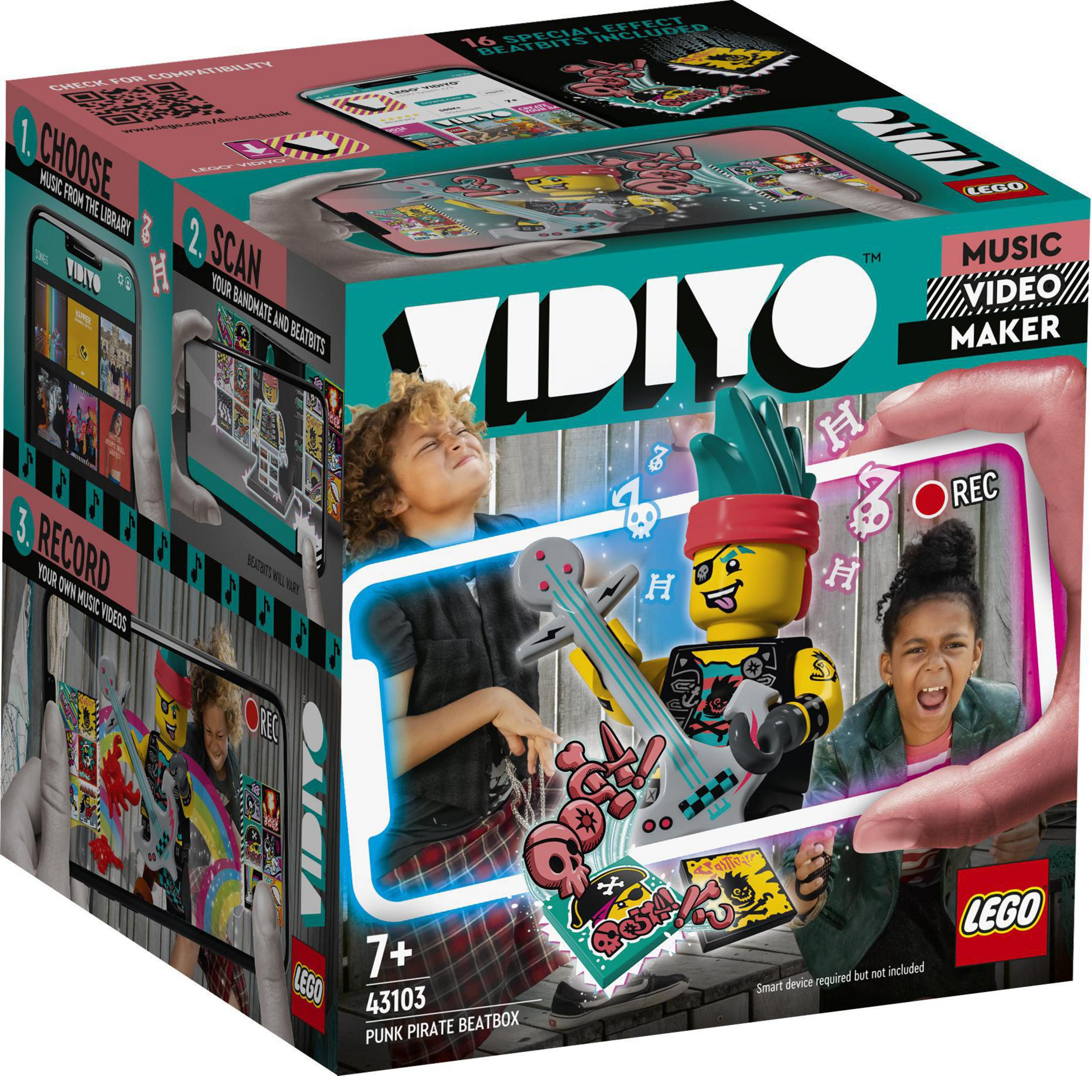 Lego Vidiyo Box-Set, das eine Band von Lego-Figuren und eine Smartphone-Oberfläche zeigt.