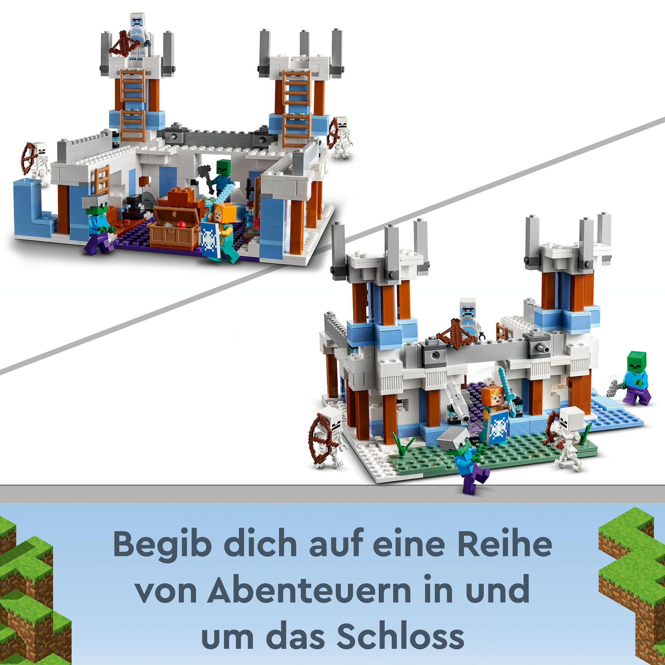 Ein Lego-Burg-Set mit zwei Türmen, Soldaten und Burg-Elementen, in zwei verschiedenen Perspektiven.