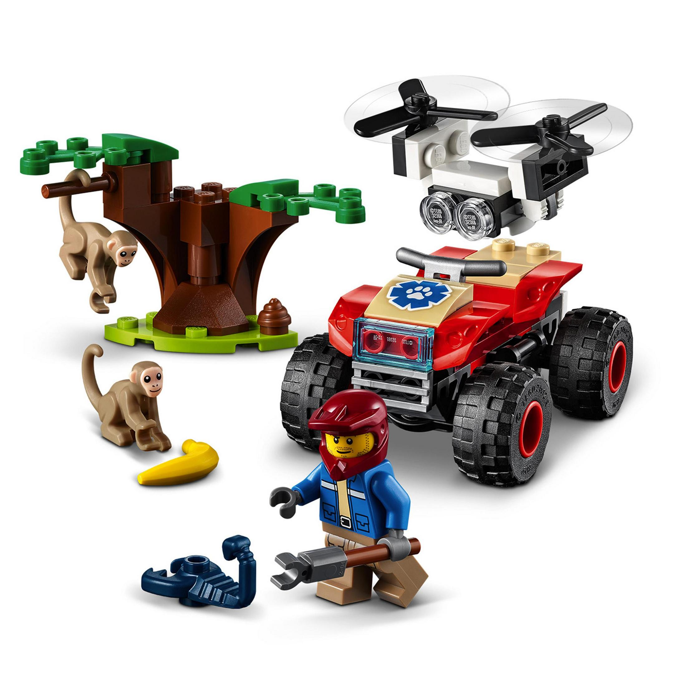 Lego-Set mit rotem ATV, Drohne, Affen und einer Minifigur.