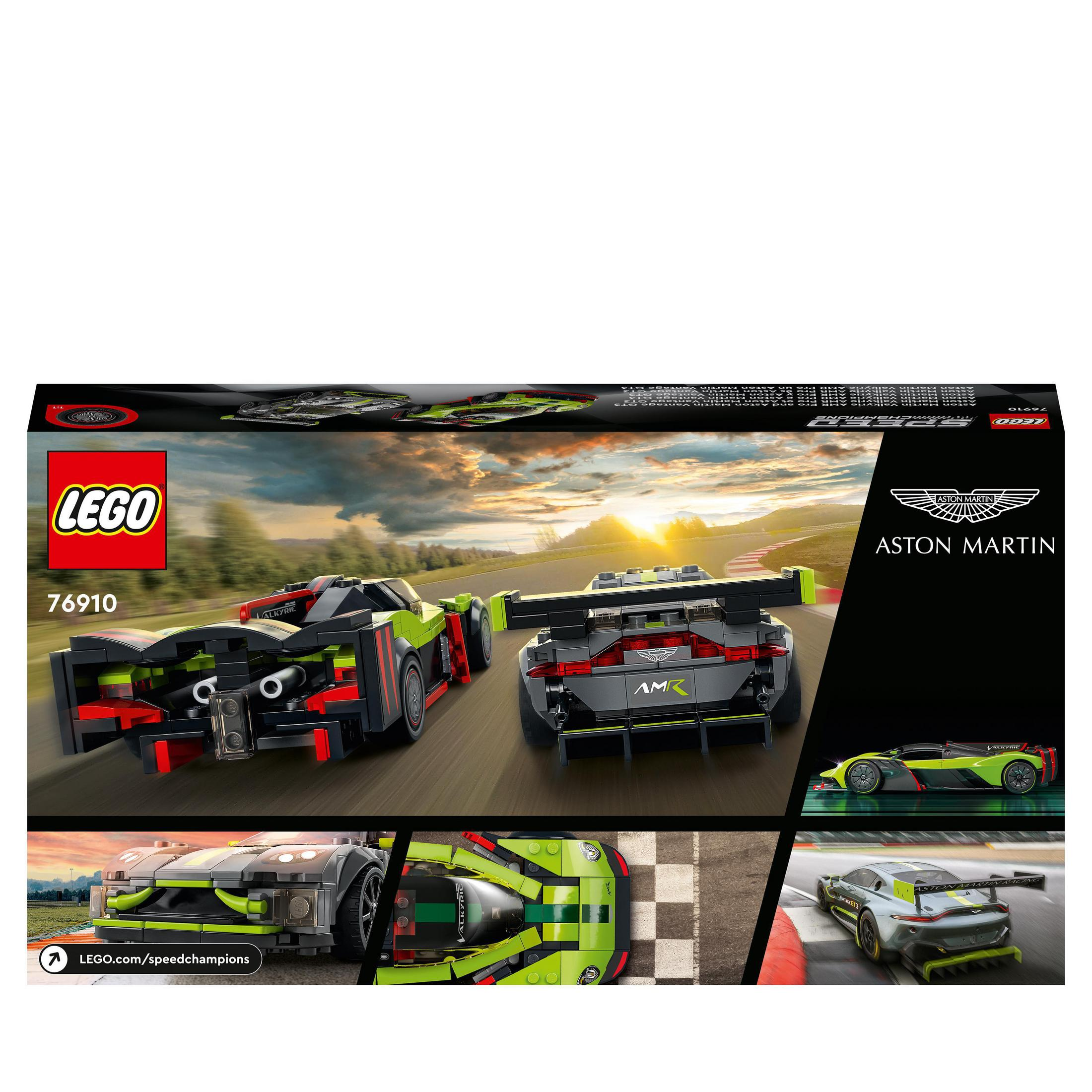 Pudełko zestawu LEGO Aston Martin. Samochody są czarne, zielone i szare. Tło pokazuje tor.