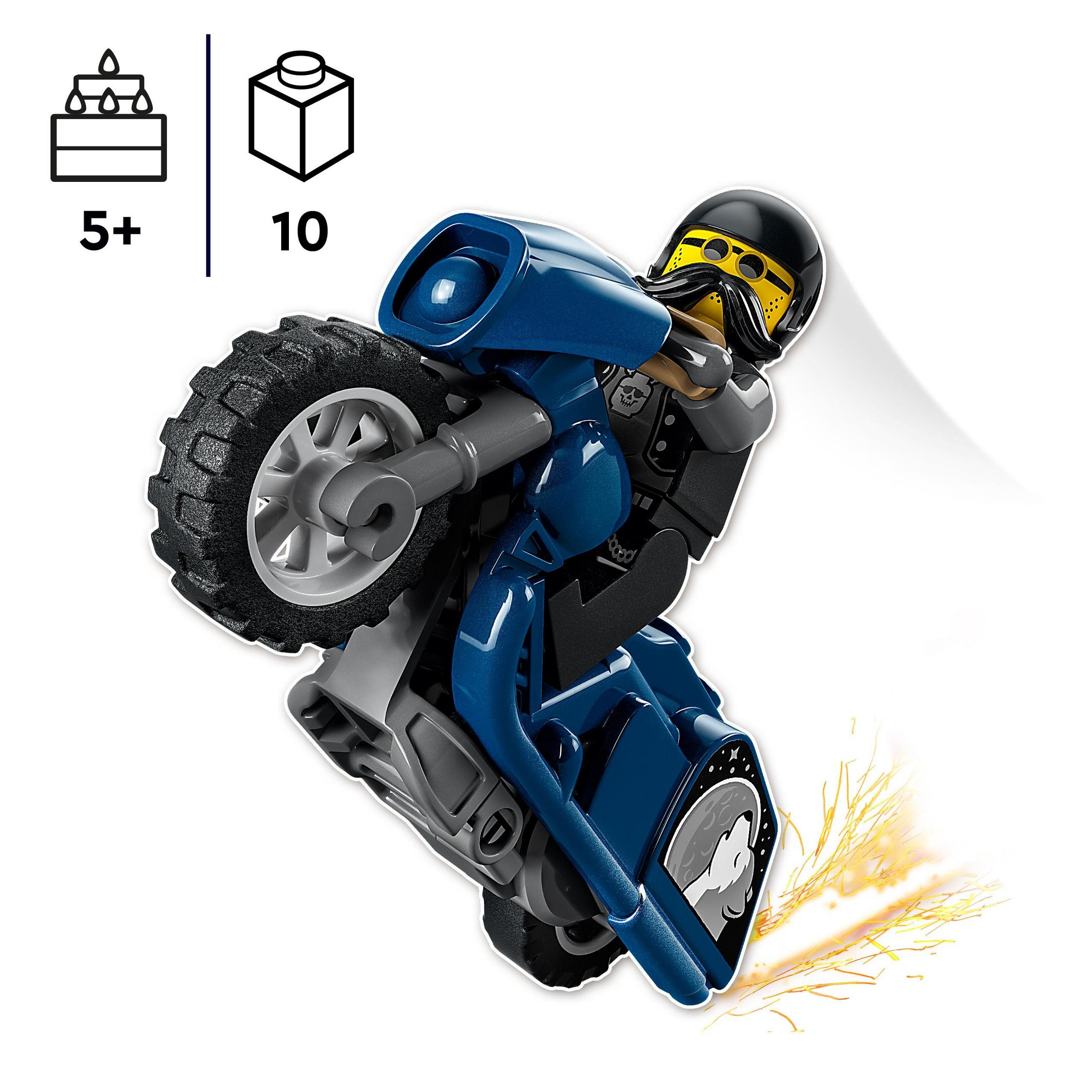 Lego Motorrad, blau und grau. Figur mit Helm fährt. Gelbe Funken hinter dem Rad.
