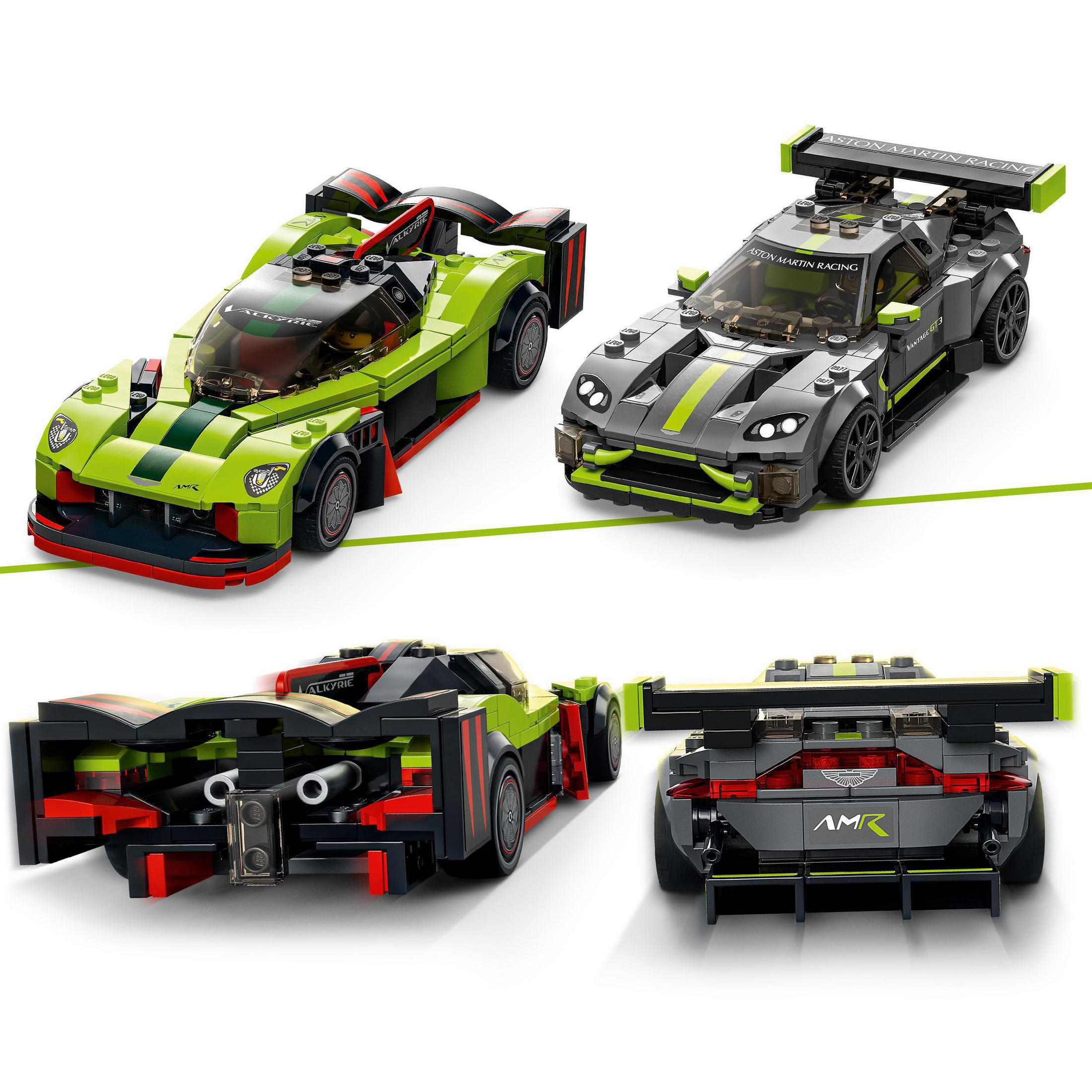 Cztery obrazy samochodów wyścigowych Aston Martin z Lego. Zielone i szare samochody.