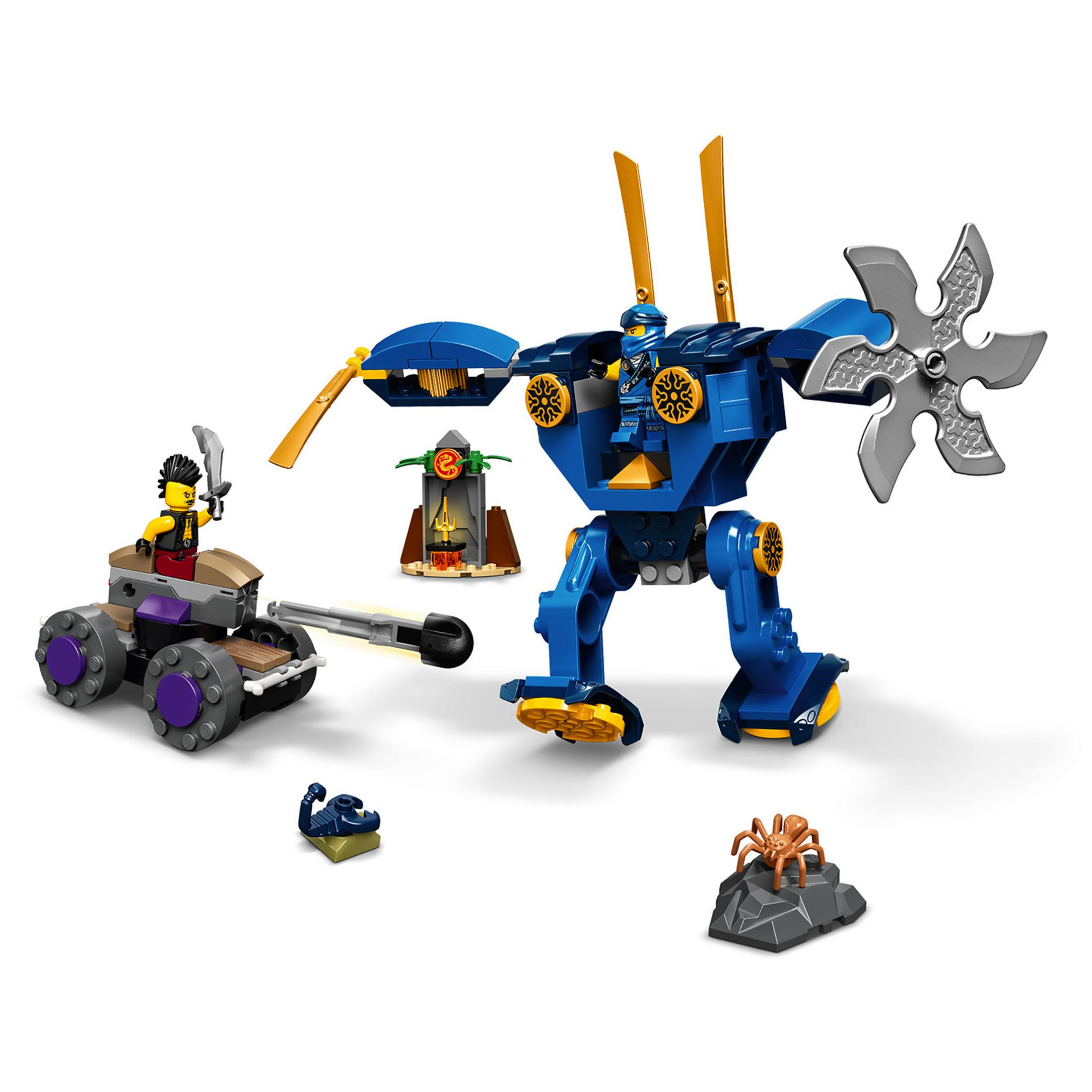 LEGO Ninjago Set mit blauem Mech, Figuren und einer kleinen Kampfszene.