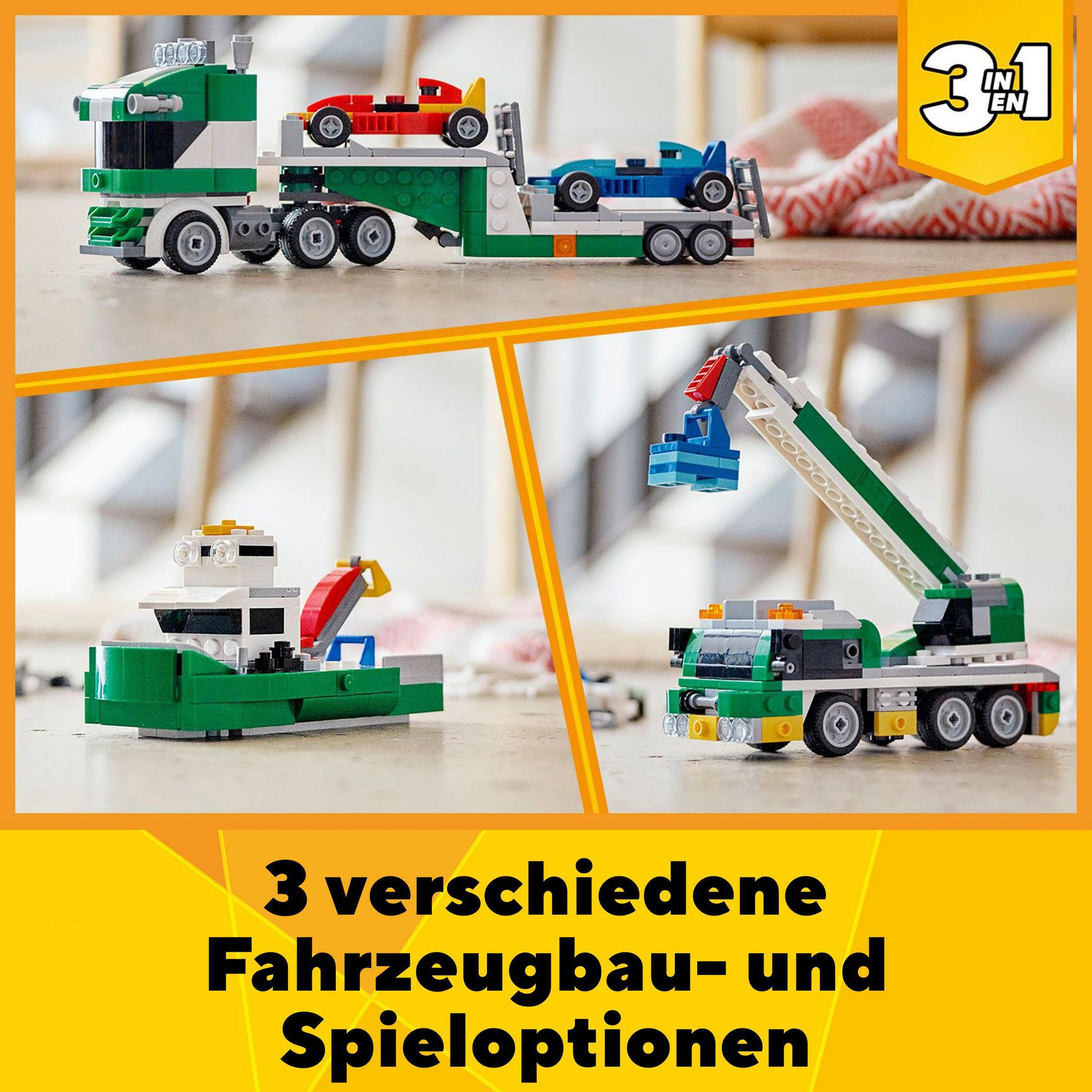 LEGO-Spielzeugset mit grünem LKW, der drei Spielzeugautos trägt.
