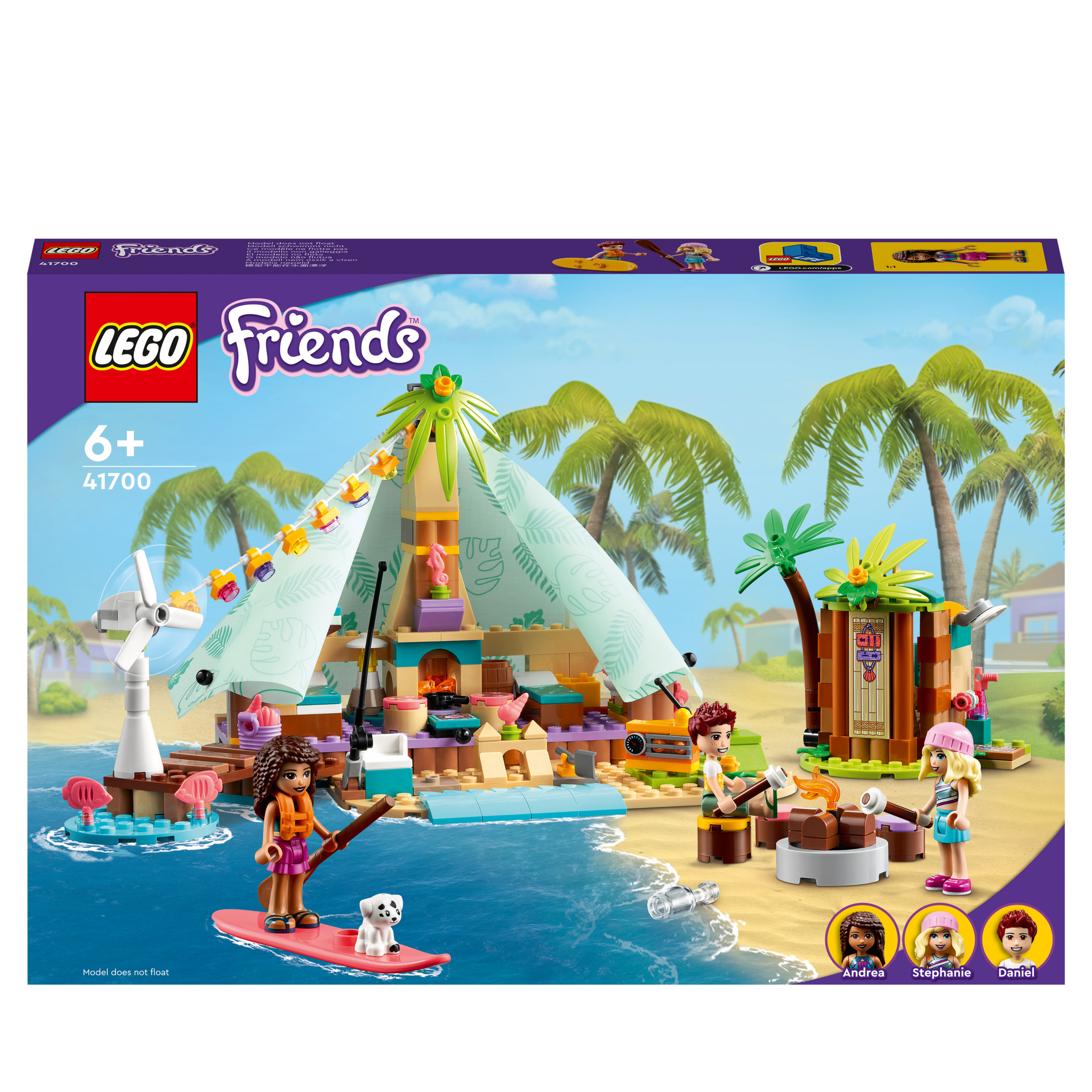 Lego Friends-Set-Box mit einer Strandszene mit Figuren und Zubehör.