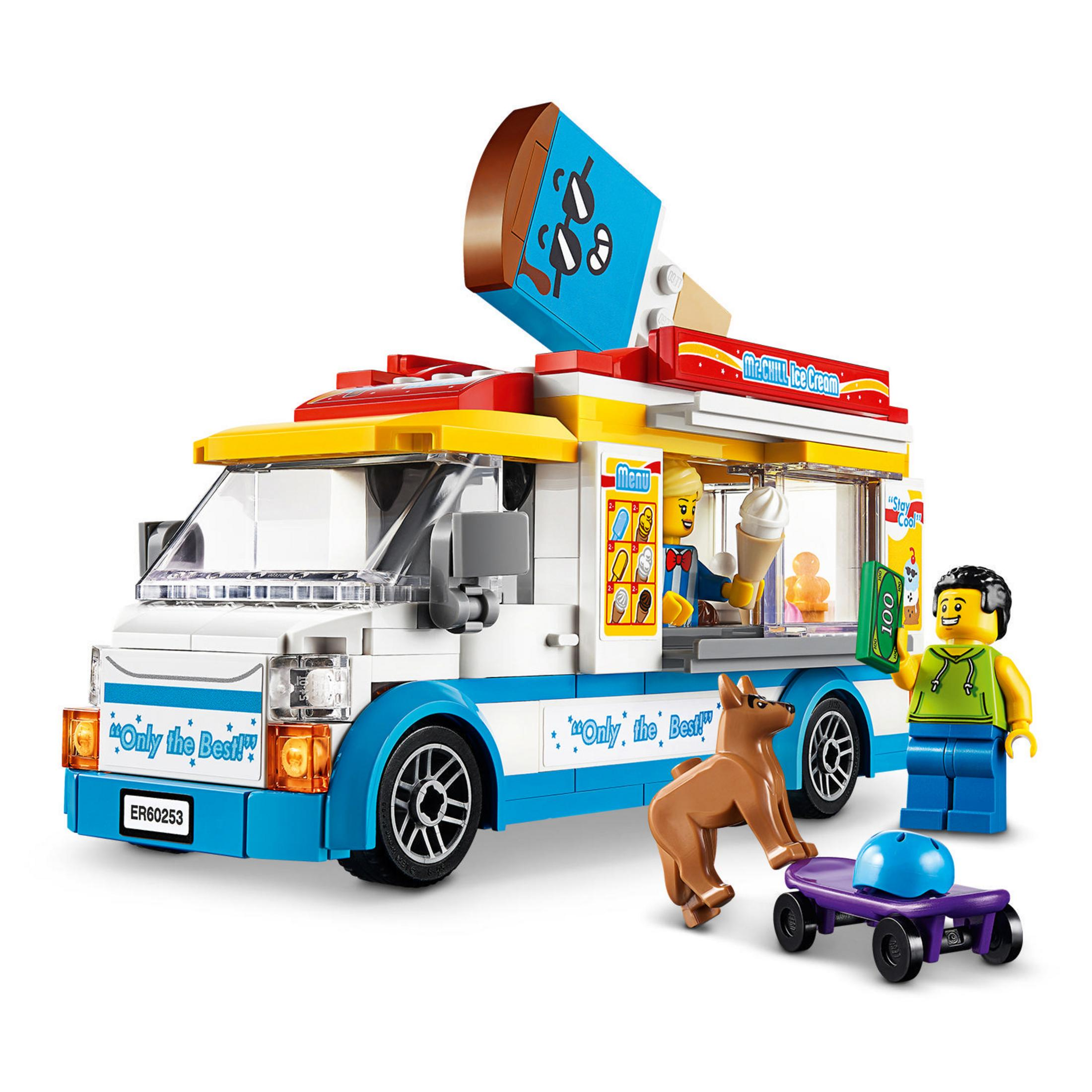Lego-Eiswagen mit Figuren: Verkäufer, Kunde und Hund. Enthält ein Skateboard und Geld.