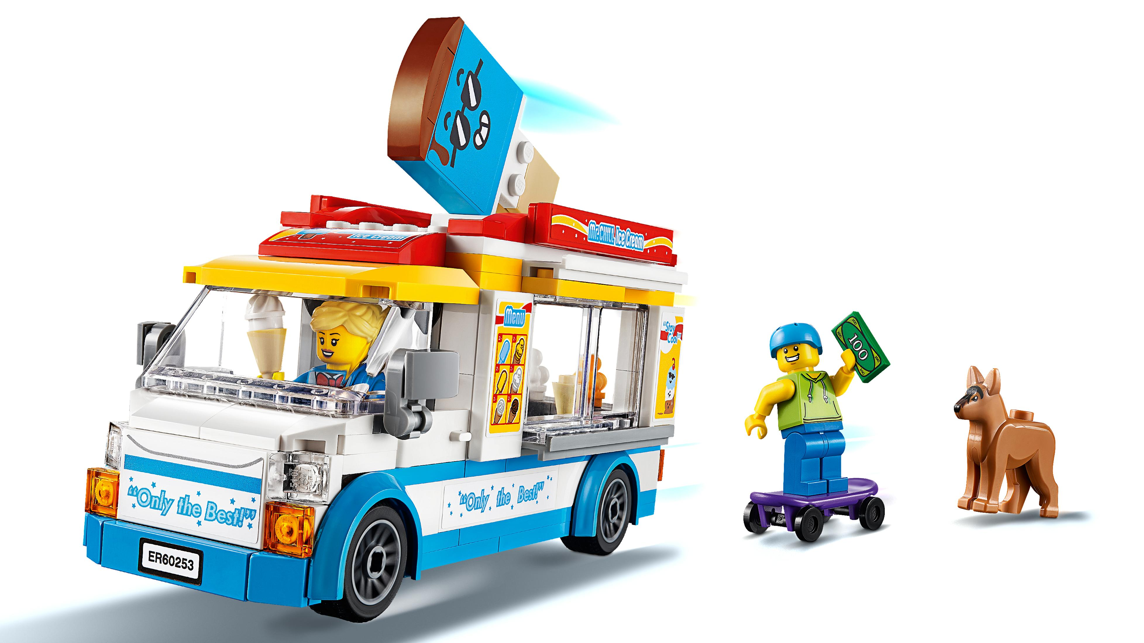 Lego City Eiswagen mit Verkäufer, Kunde mit Geld und Hund.