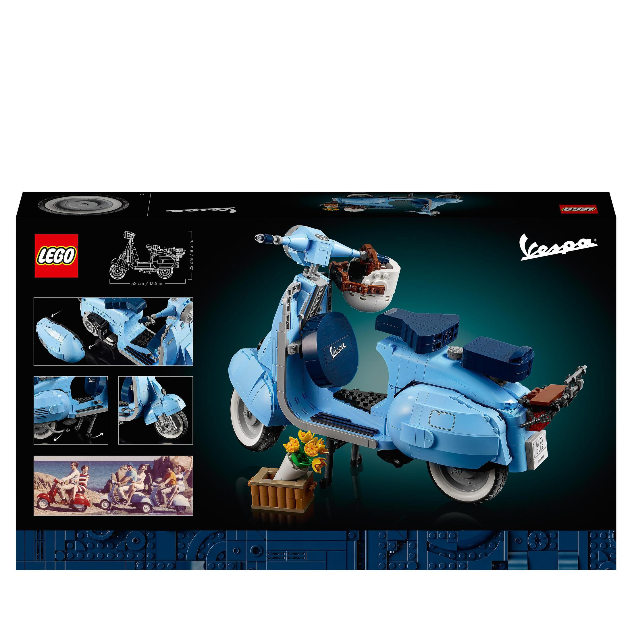 Niebieski model skutera Vespa Lego, ze szczegółami projektu i historycznym obrazem.