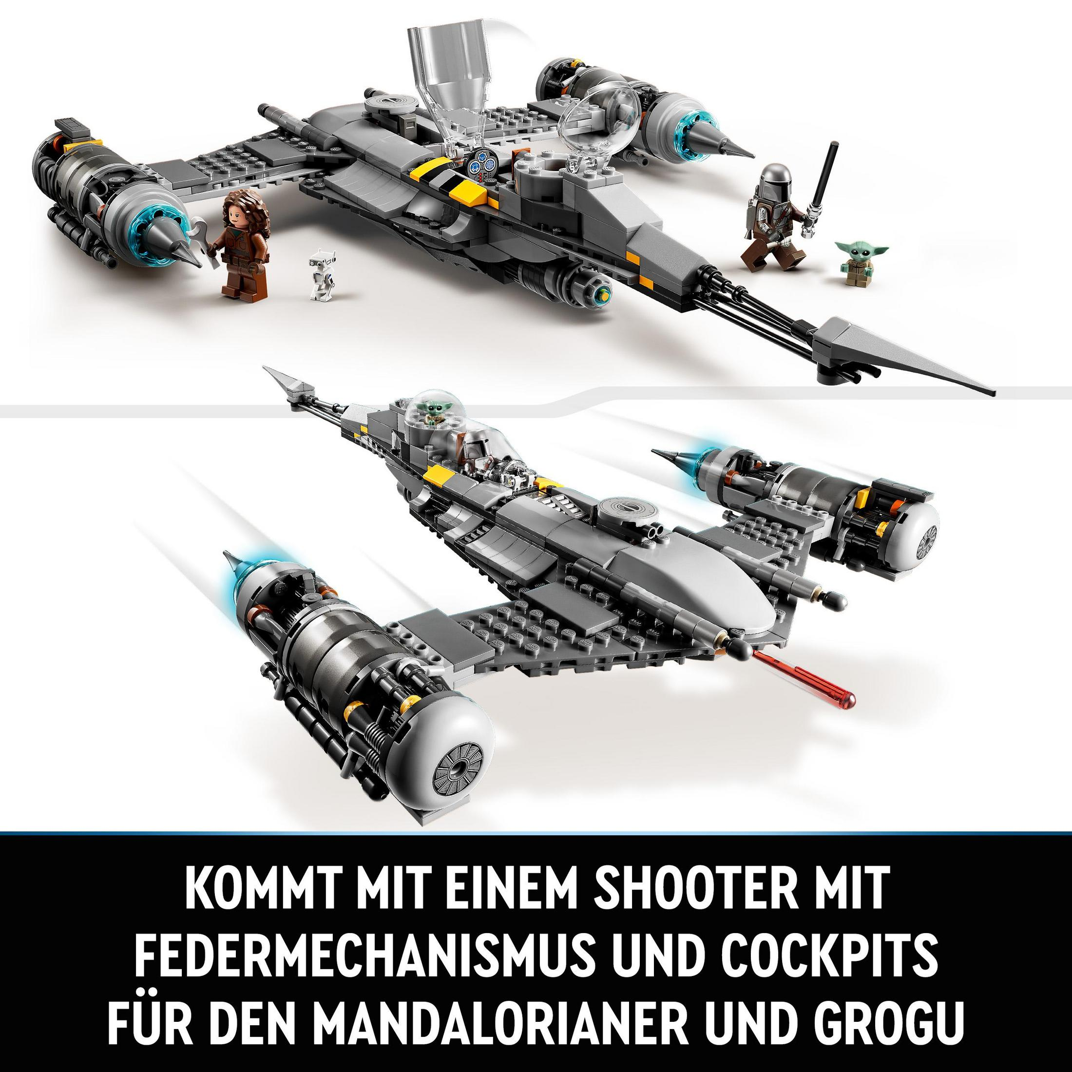 Model statku Lego Star Wars z figurkami, z tekstem o statku.