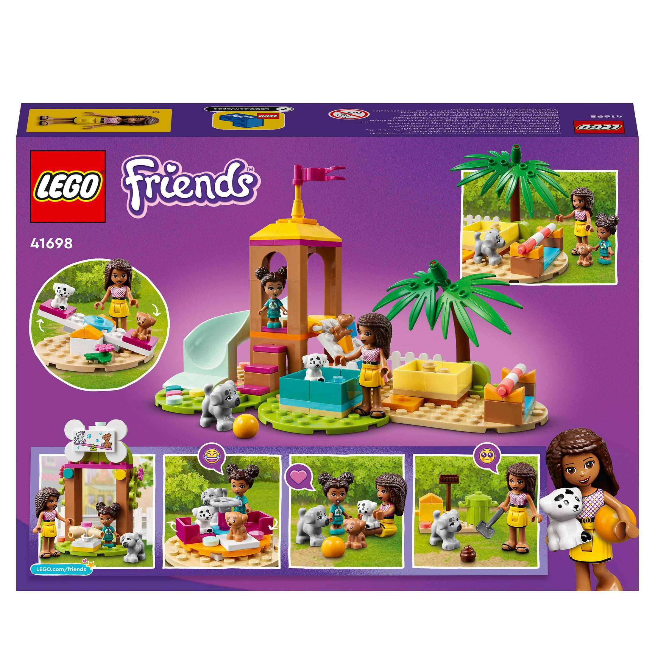 Lego Friends Set-Box. Mädchen und Welpen spielen in verschiedenen Szenen.