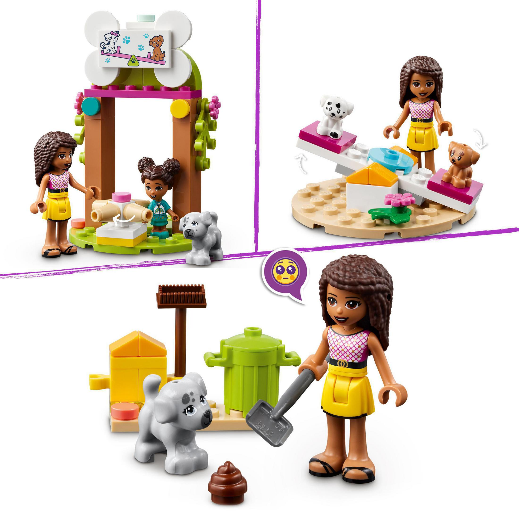 Lego Friends Set mit Figuren, Hundehütte, Spielplatz und Zubehör.