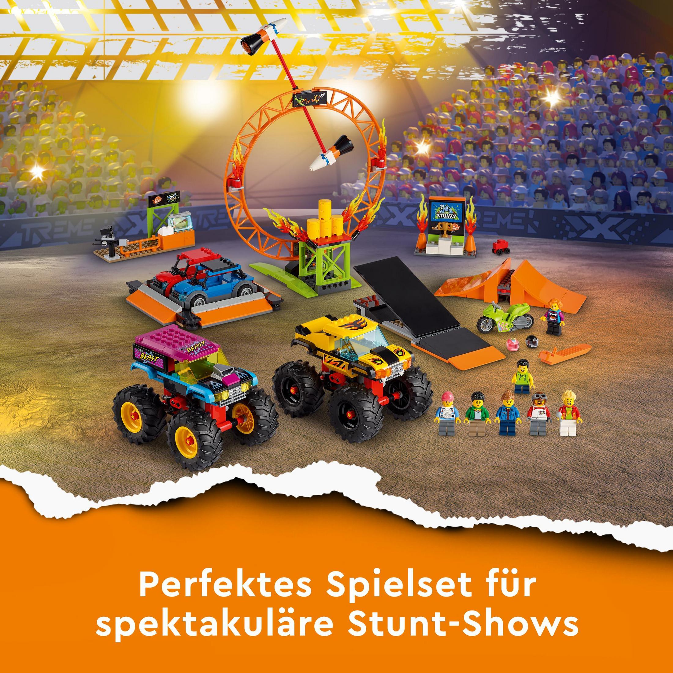 Zestaw Lego stunt show z monster truckami, rampami i minifigurkami, na kolorowym tle.