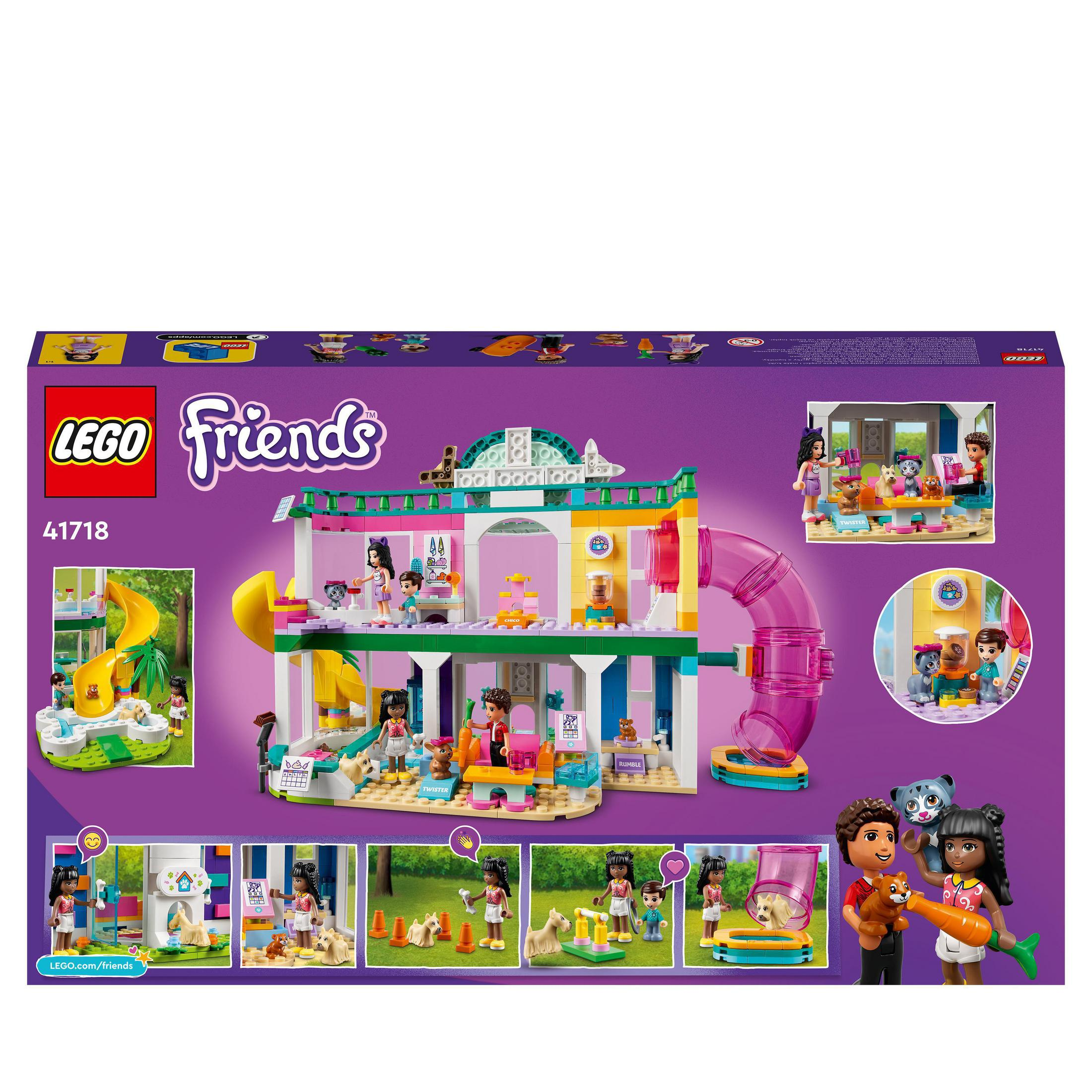 Pudełko zestawu Lego Friends ze szczegółową sceną i minifigurkami, przedstawiające centrum dla zwierząt z kilkoma aktywnościami.