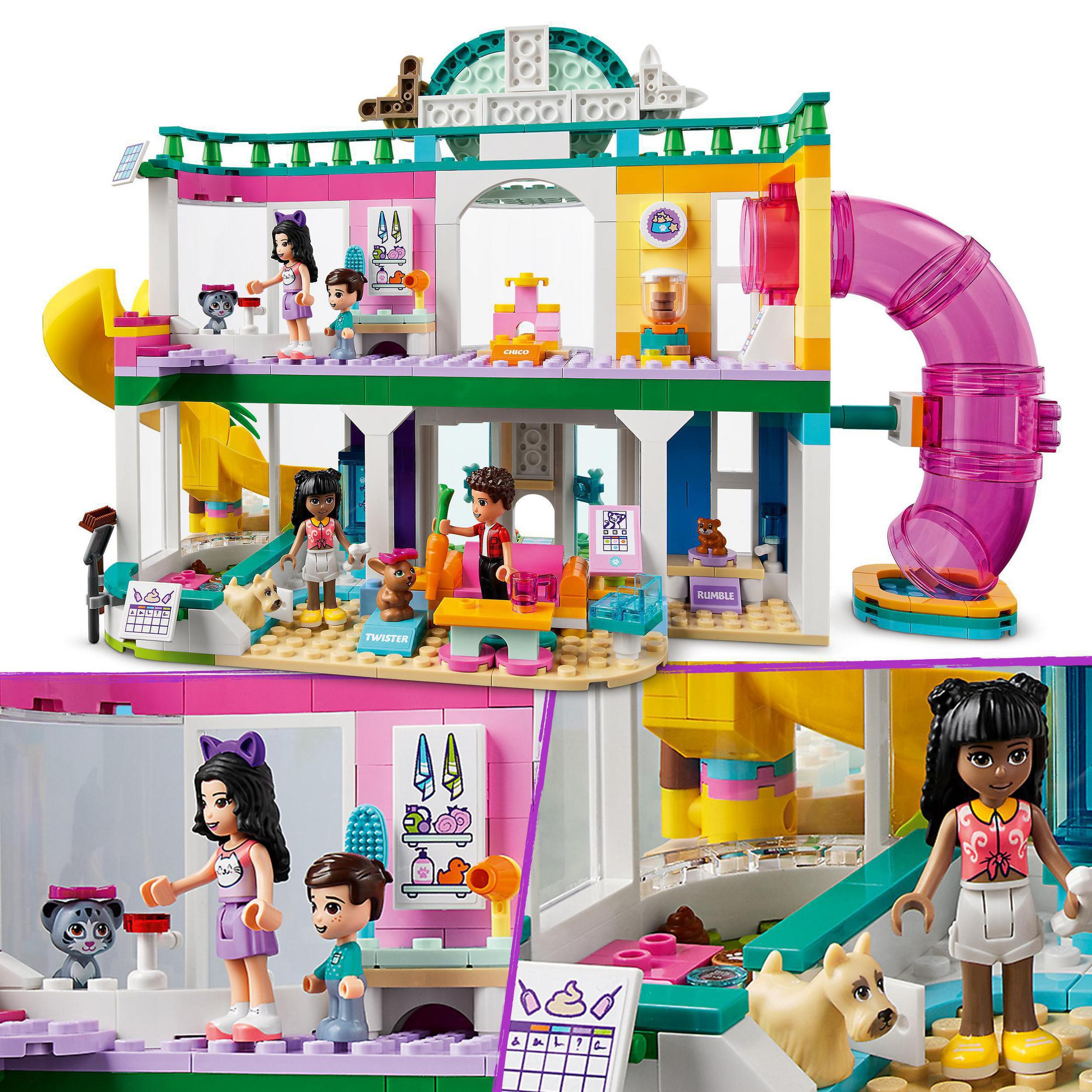 Zestaw LEGO Friends z kliniką dla zwierząt z figurkami i zwierzętami. Zawiera wiele pomieszczeń i zjeżdżalnię.