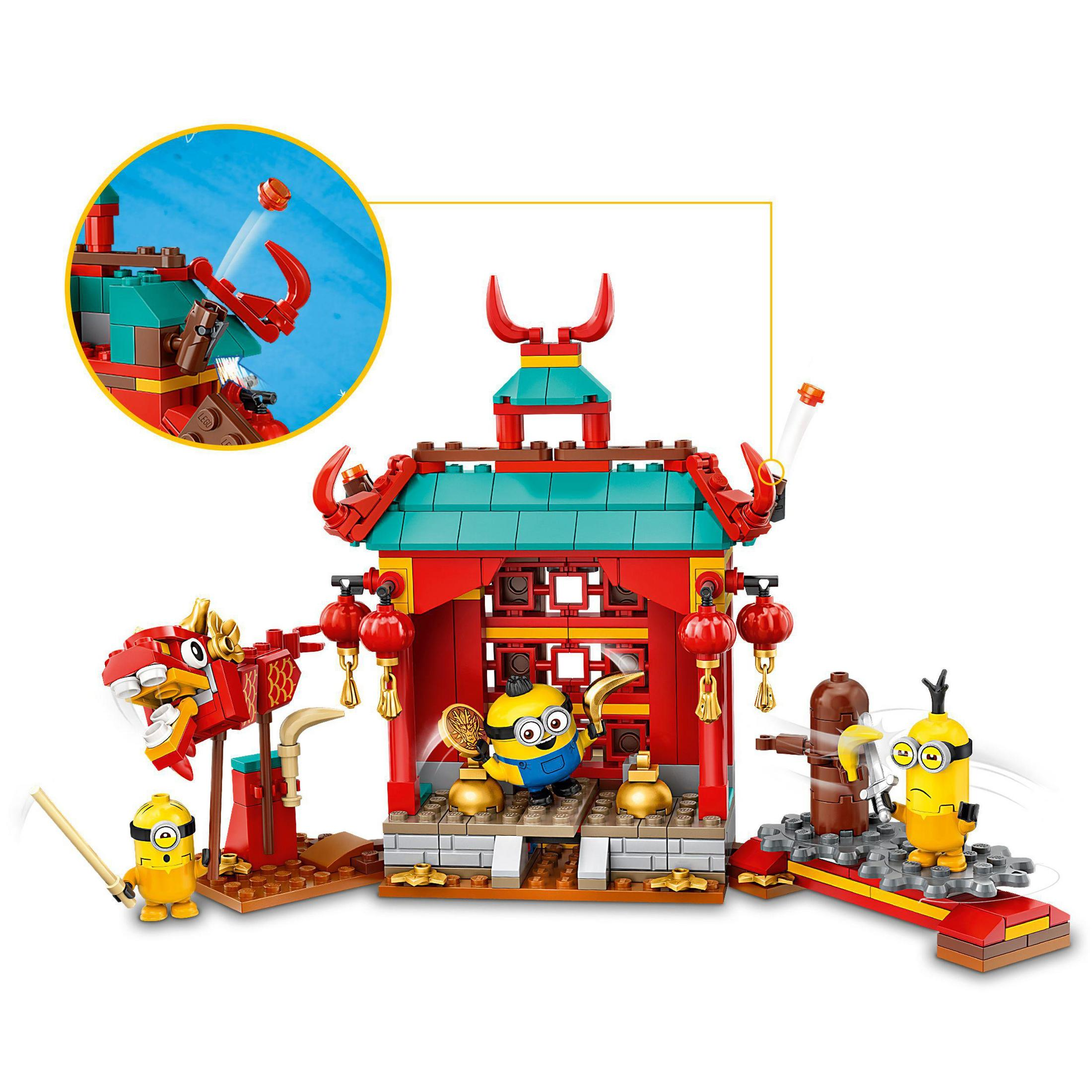 Lego Minions Set: Tempel mit Minions, Drachen und Actionfiguren in einem bunten Layout.
