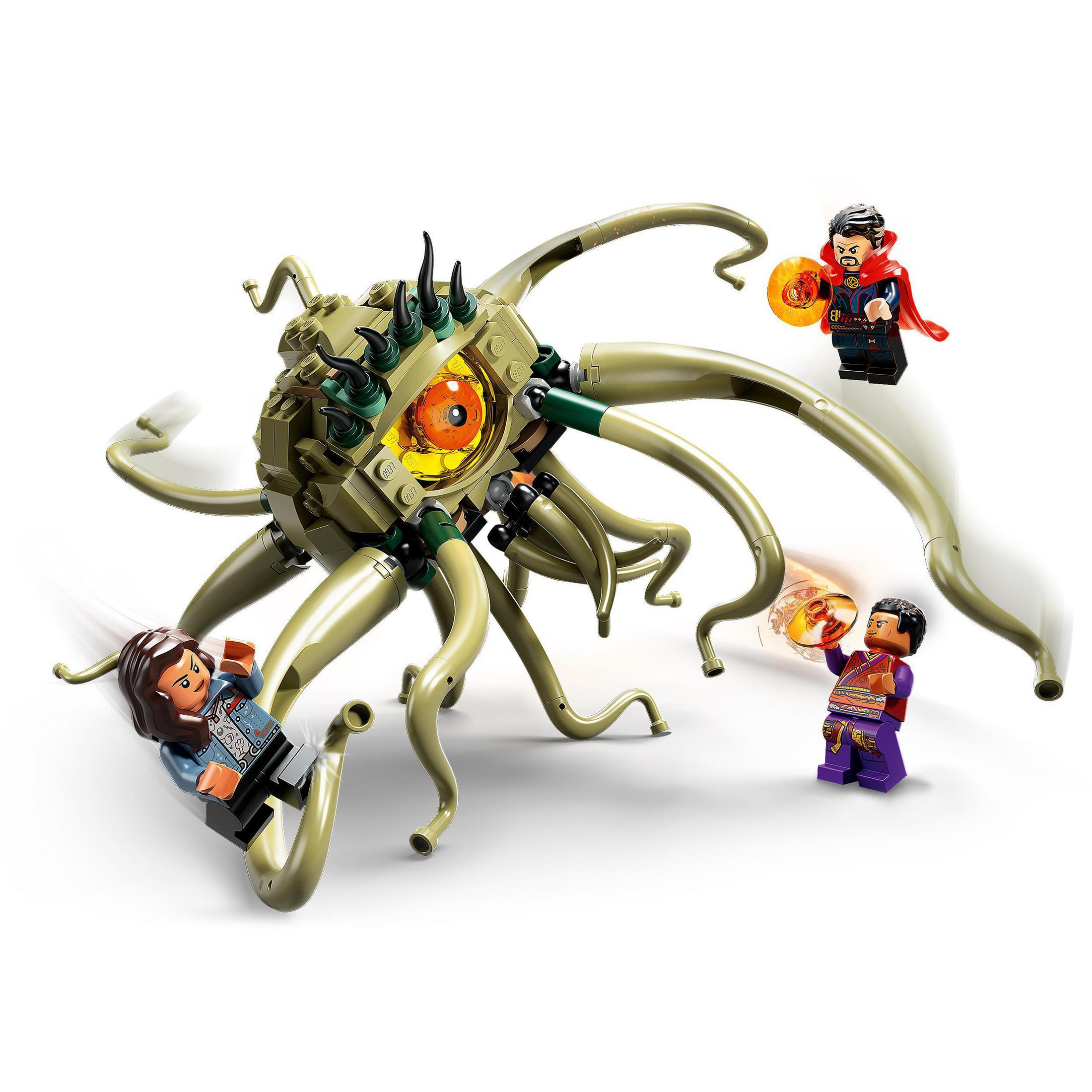 Lego-Set, Dr. Strange kämpft gegen ein Tentakelmonster und andere Lego-Charaktere.