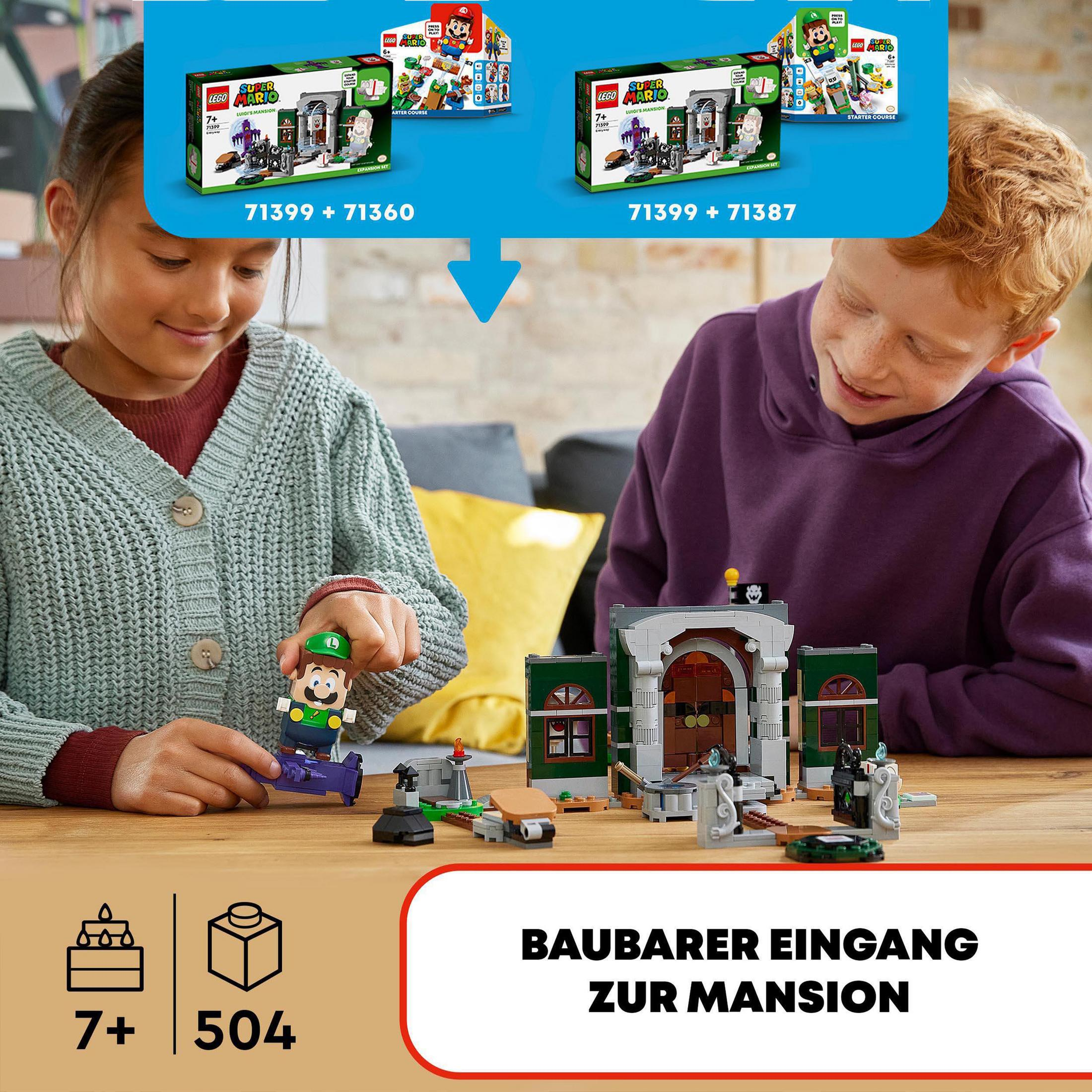 Zwei Kinder bauen LEGO. LEGO-Boxen darüber. Text: 'Baubarer Eingang zur Mansion'.