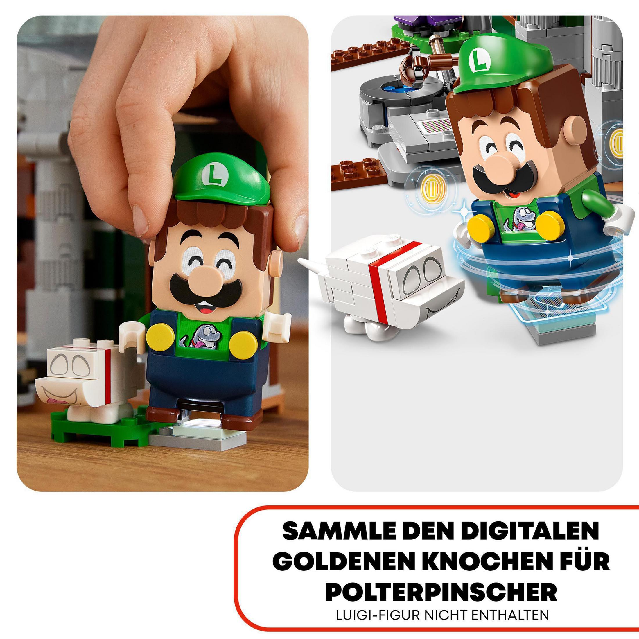 Luigi Lego Figur mit einer Hundefigur aus einem Lego Set. Zwei Bilder.