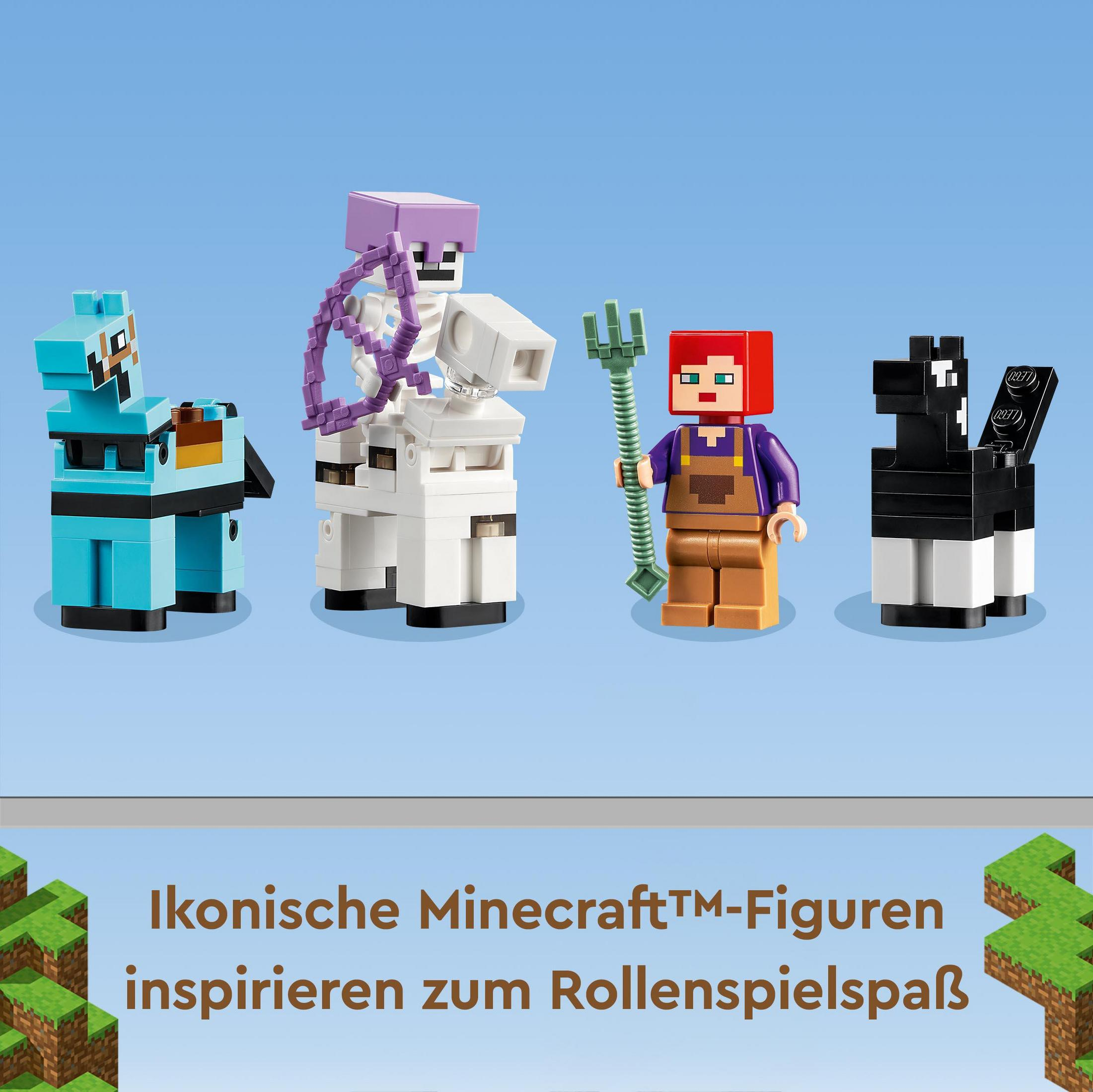 Personaggi LEGO Minecraft di un lama, uno scheletro, un contadino e un lama nero.