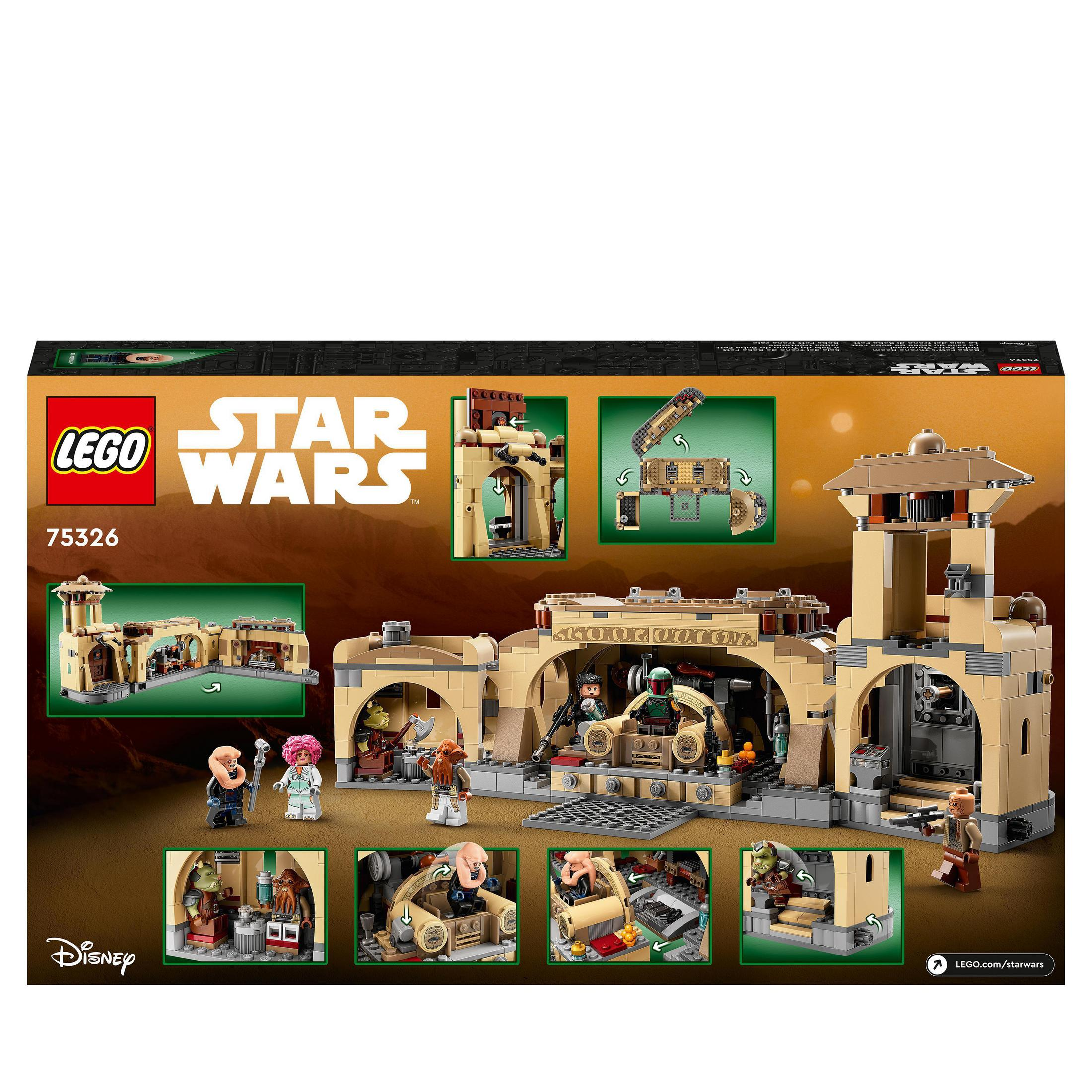 La parte posterior de una caja de Lego Star Wars. Muestra la construcción y las minifiguras.