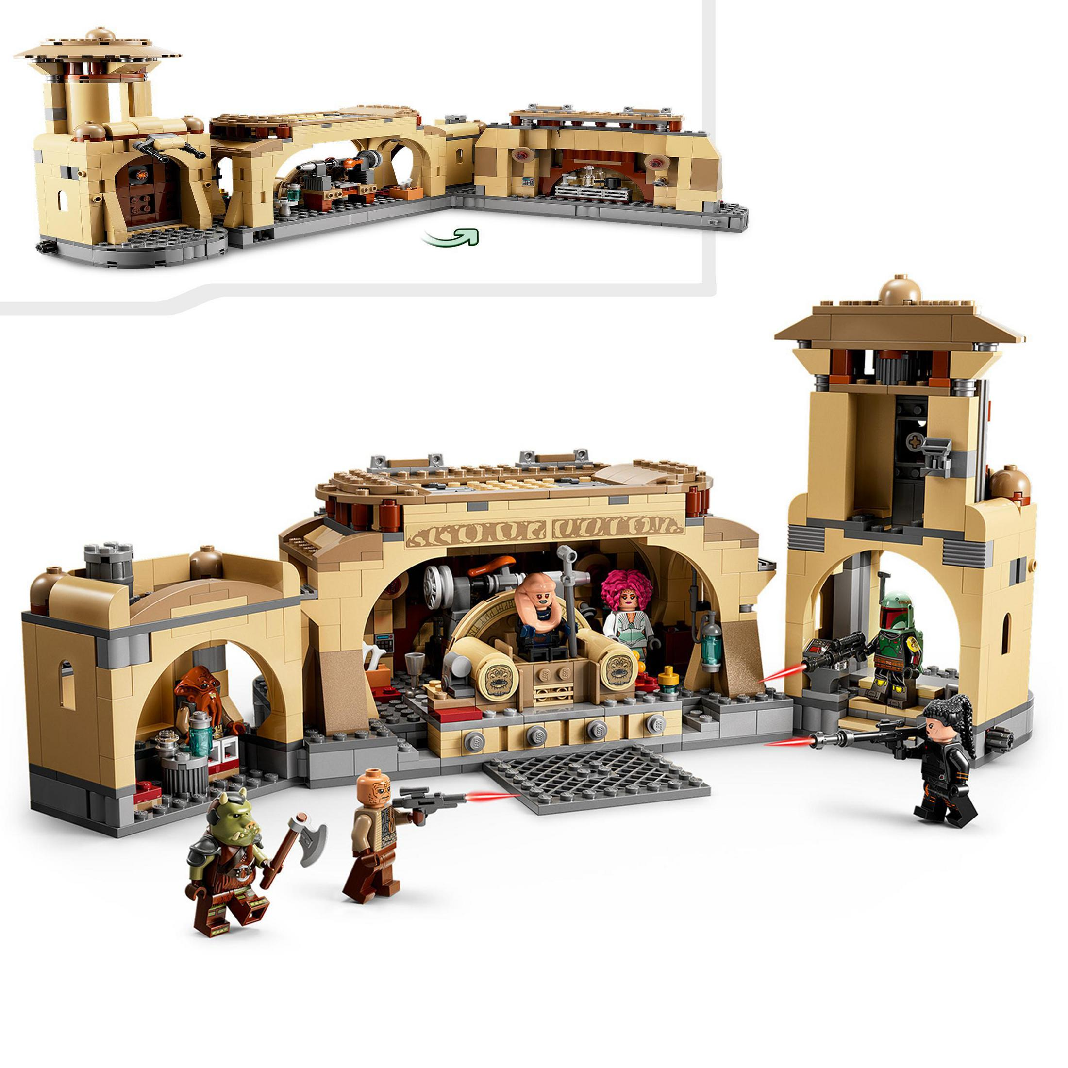Set de Lego con figuras de Star Wars, edificios marrones y figuras. Escena de acción con blasters y rayos láser.