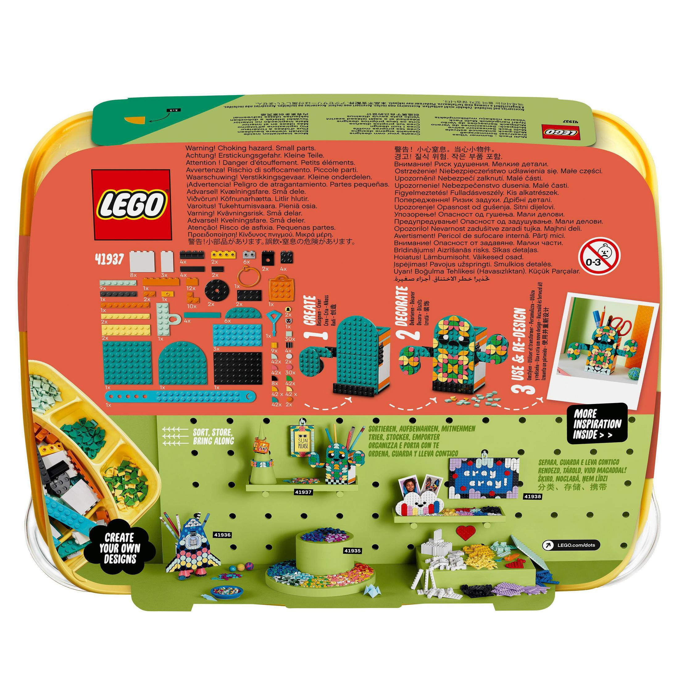 Boîte de set Lego, montrant le contenu : briques Lego, instructions et un modèle de cactus fini.