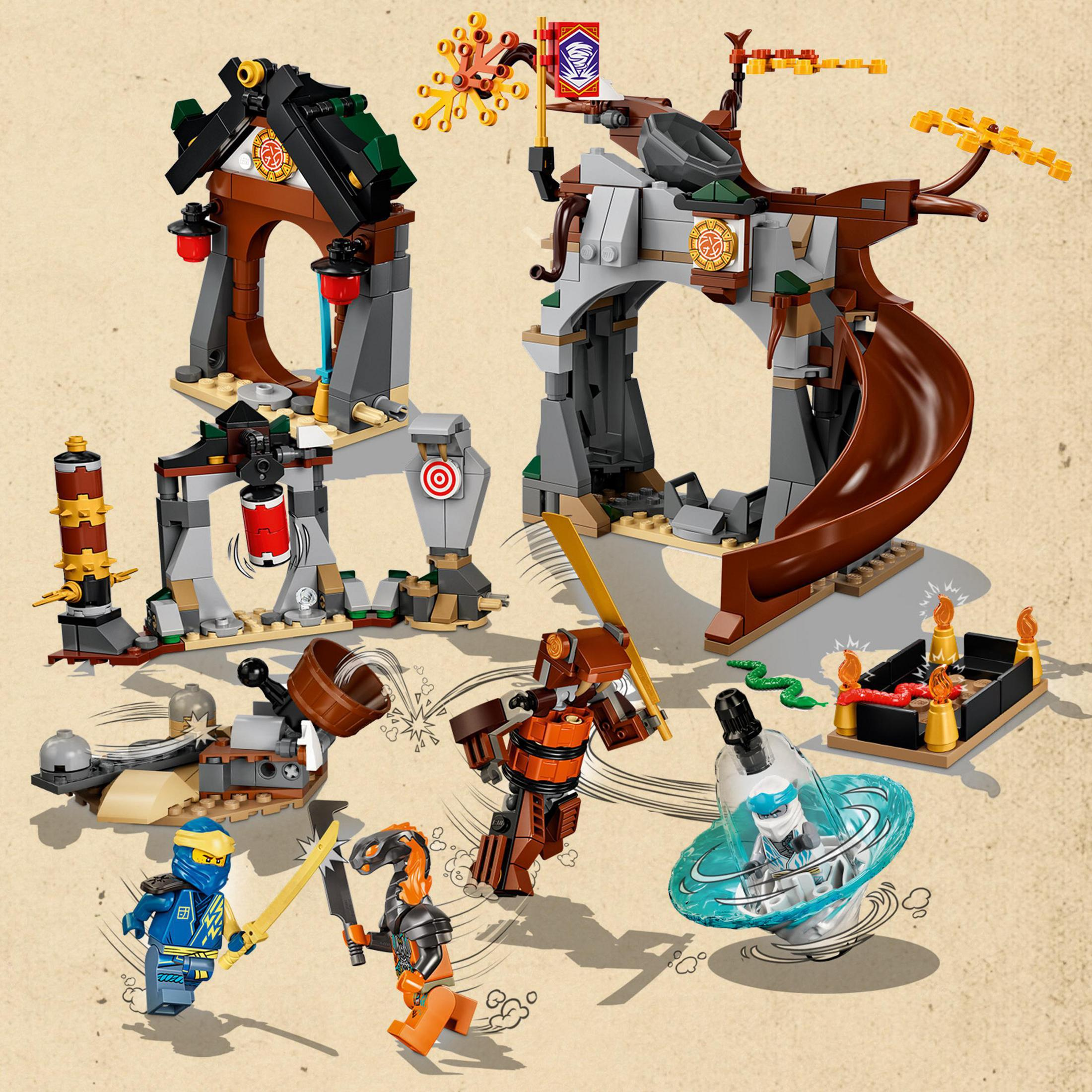 Lego Ninjago set with ninja figures, buildings, and action elements. Brown, gray, and red dominate.