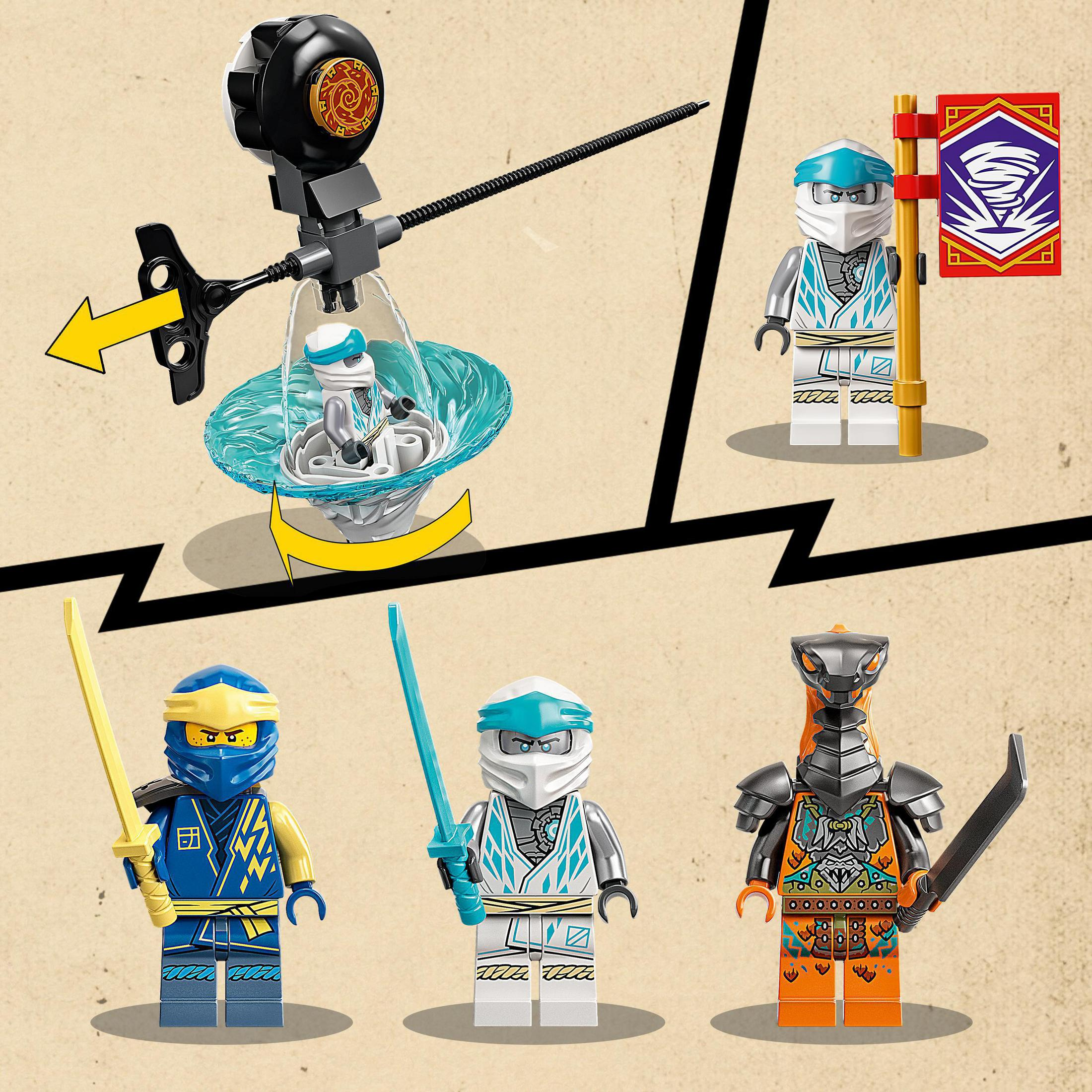 Lego Ninjago set with ninja figures, a flying vehicle, and a red flag.
